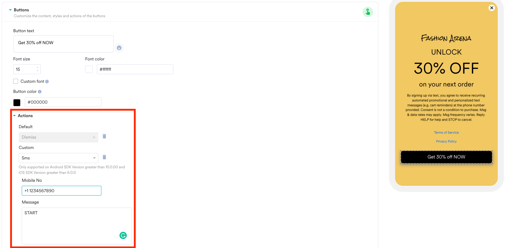 Screenshot showing SMS Sign-Up template with image.