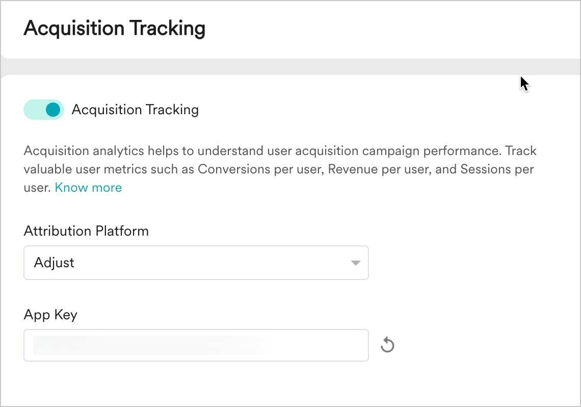Acquisition Tracking settings with Adjust selected and App Key generated