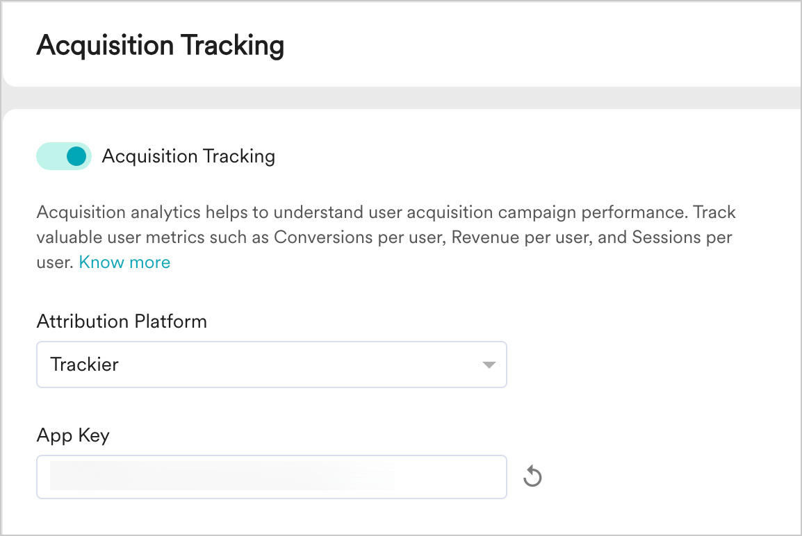 Acquisition Tracking settings with Trackier selected and App Key generated