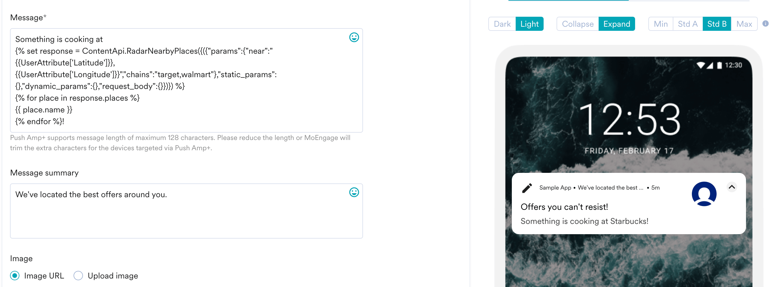 MoEngage campaign preview showing nearby places returned by the Radar Content API