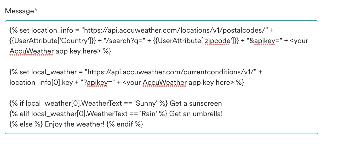 MoEngage editor with conditional weather-based content templated using JINJA