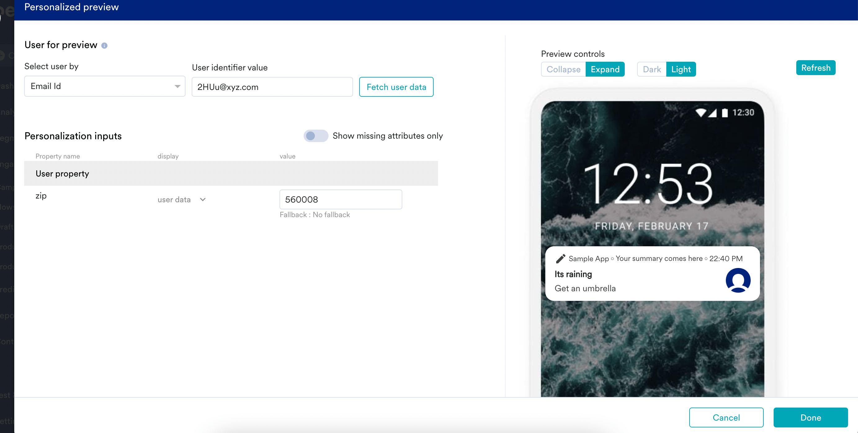 Personalized preview showing the rendered weather-based message