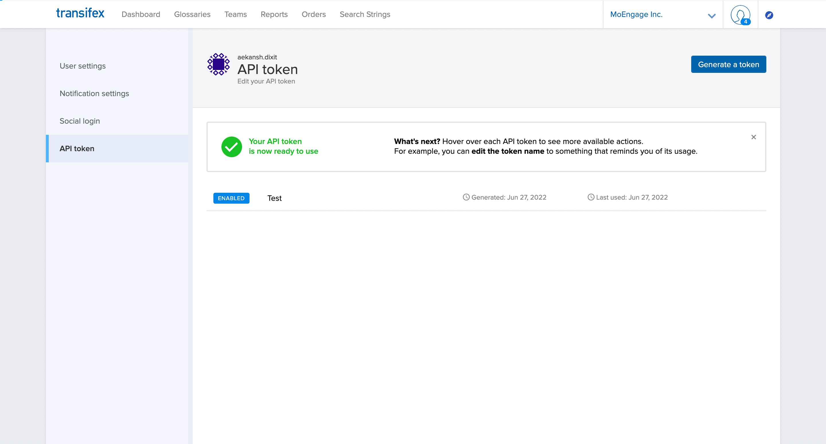 Transifex API token settings page with the Generate a token option