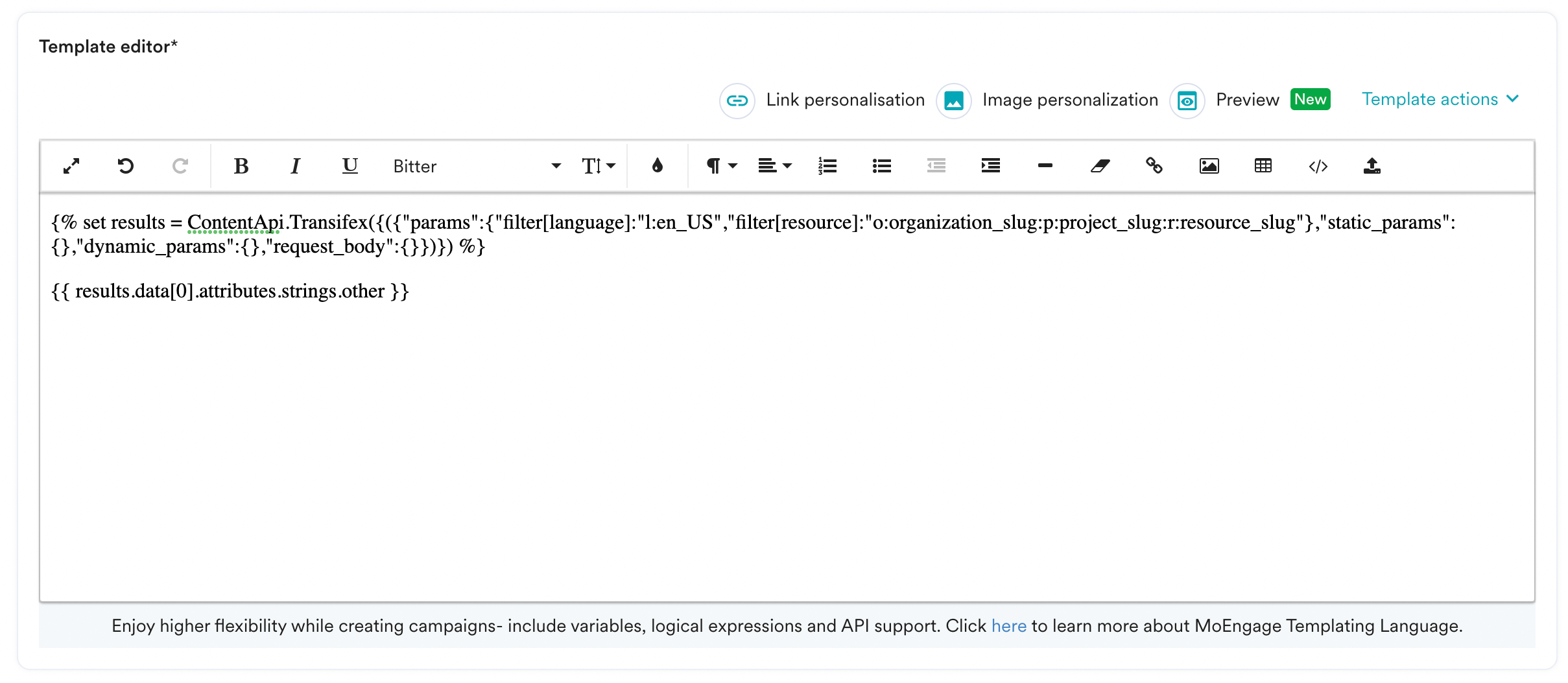 MoEngage editor with Transifex translations being inserted using JINJA