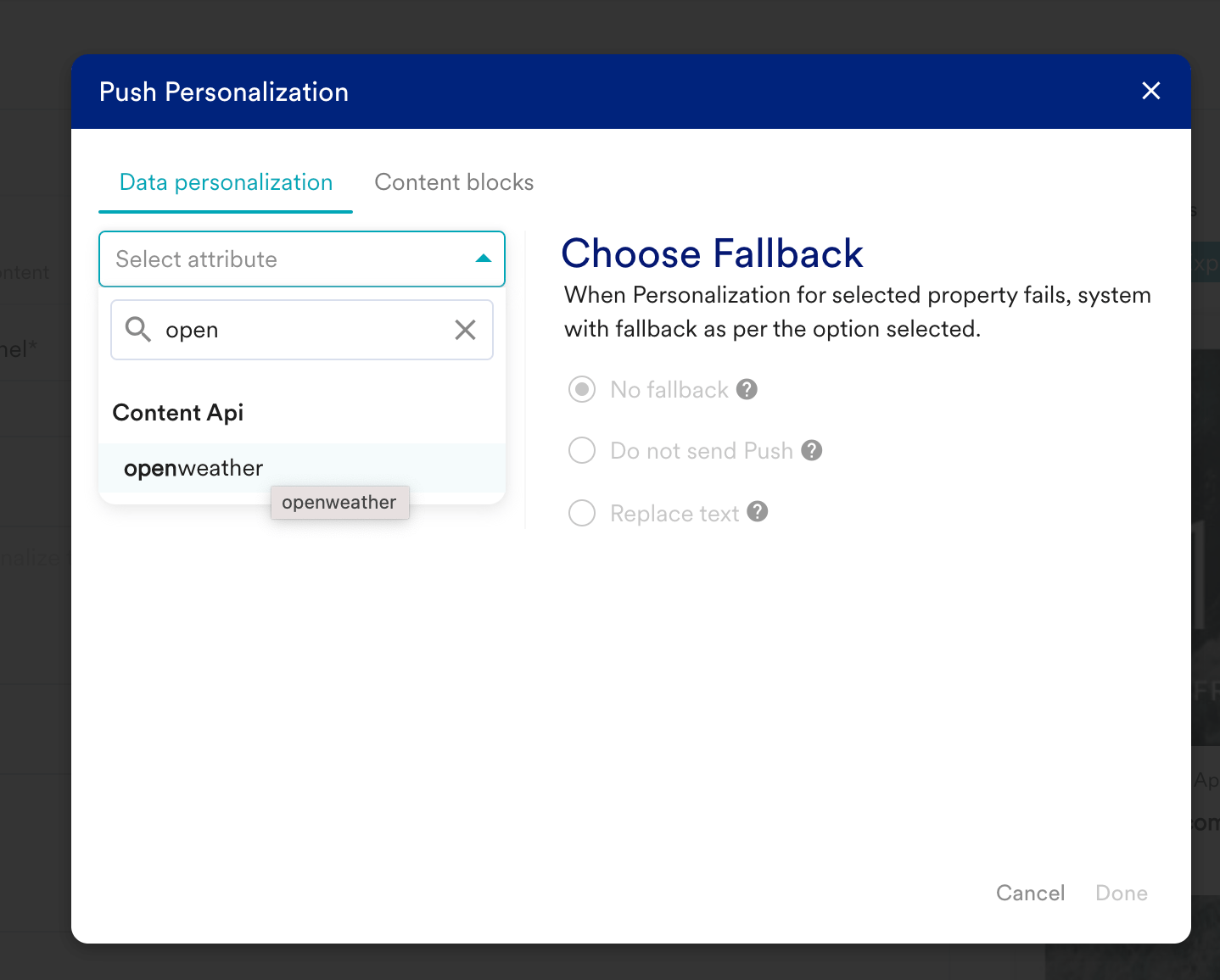 MoEngage personalization editor with the Open Weather Content API being inserted