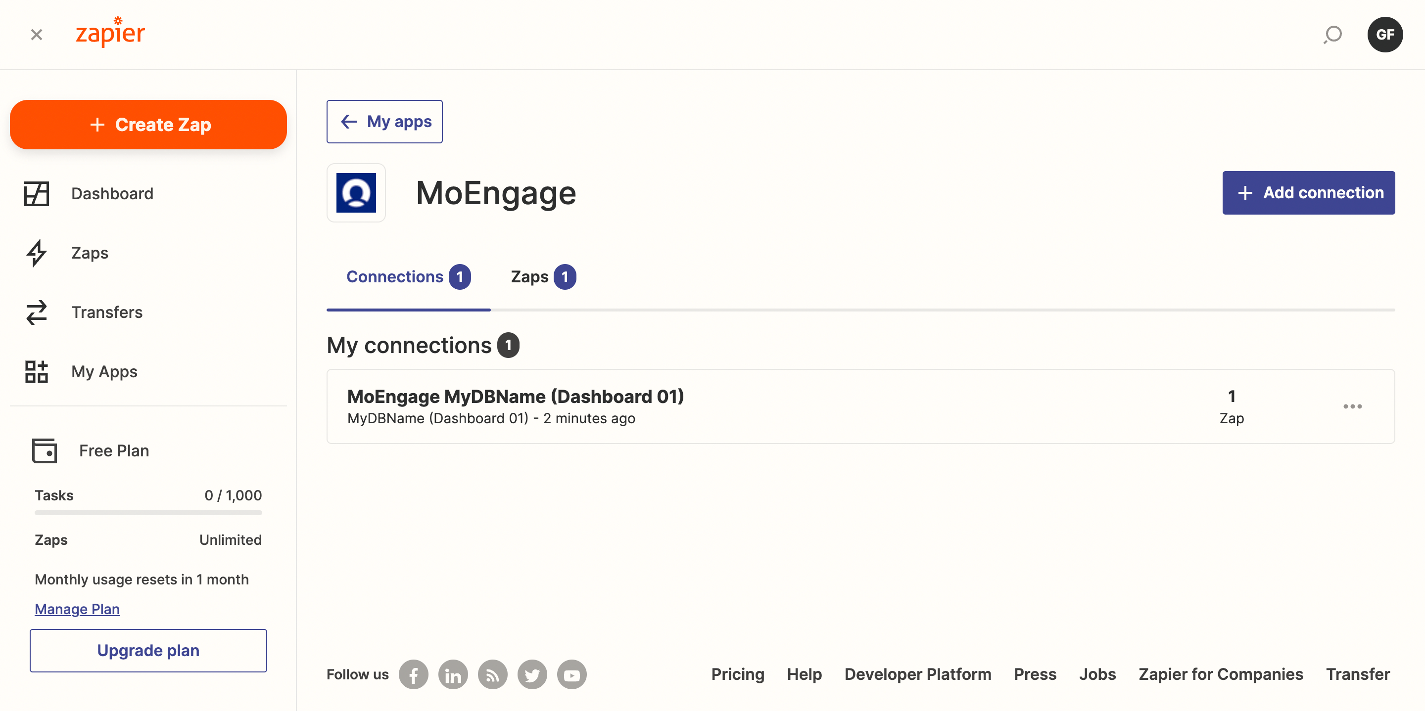 MoEngage app listed under Zapier apps with name and region