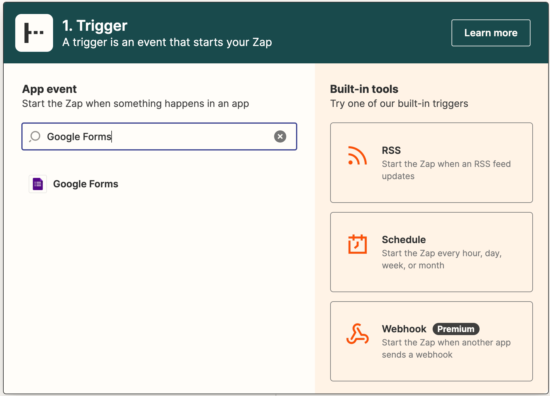 Selecting Google Forms as the trigger app in Zapier