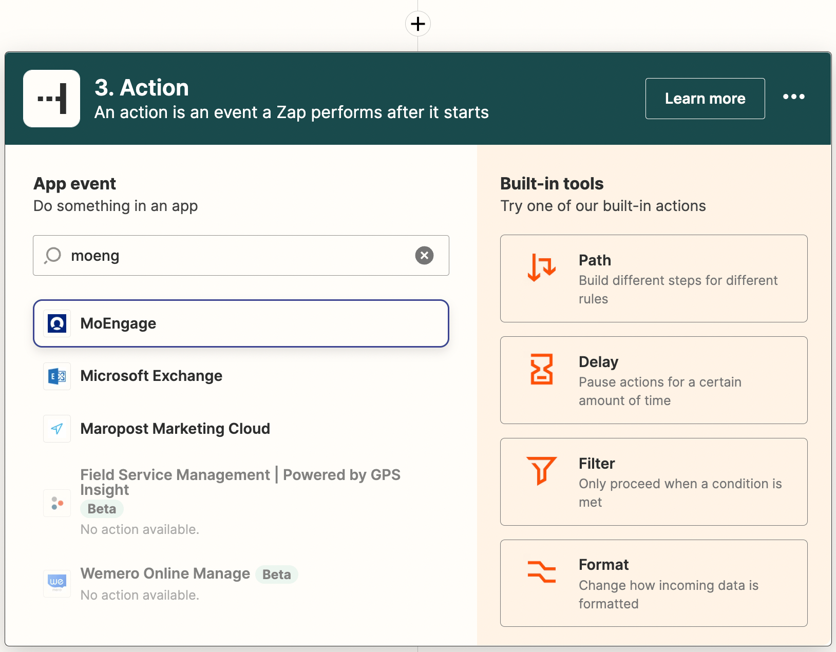 Searching for and selecting MoEngage as an action