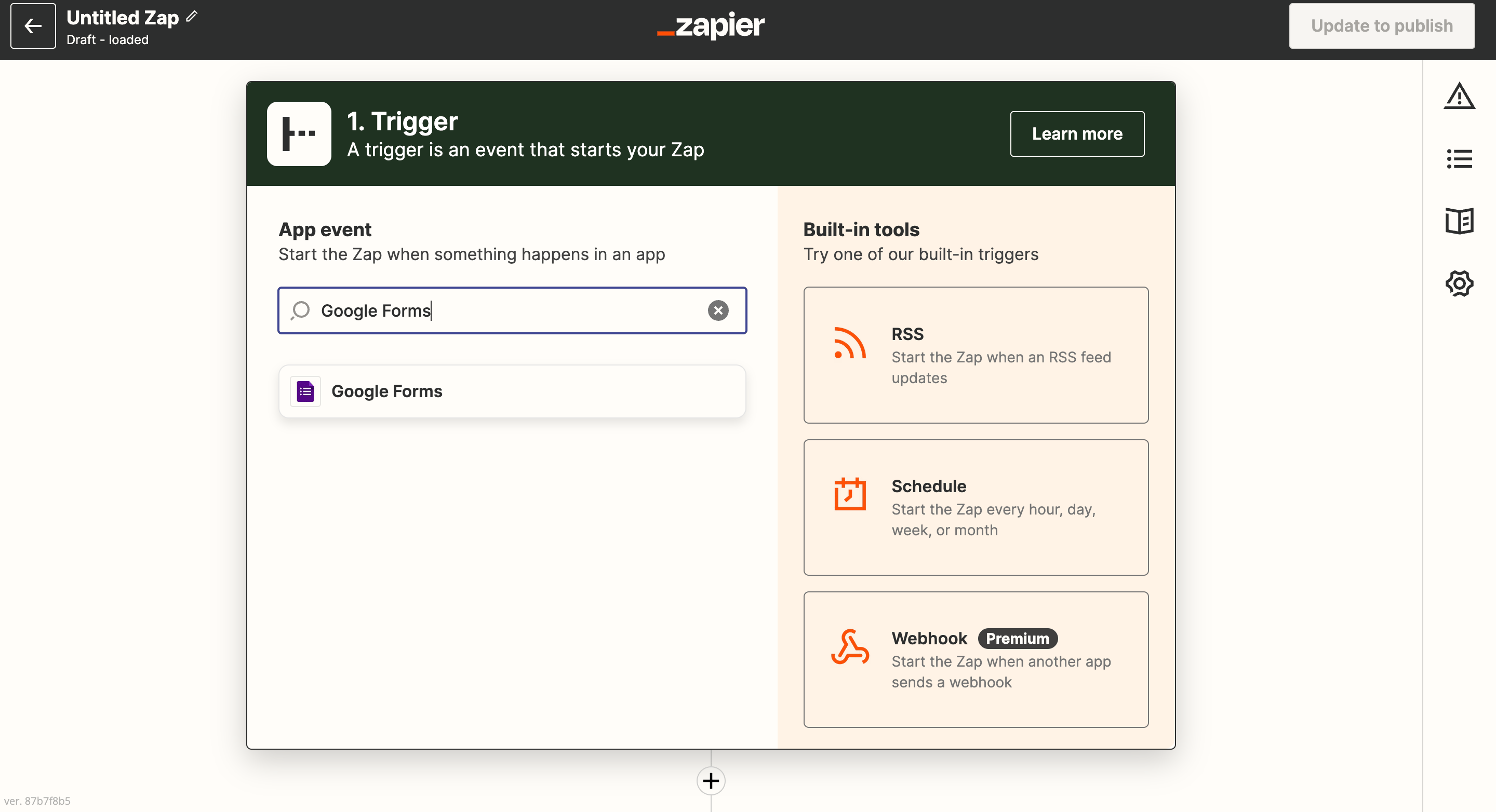 Selecting Google Forms as the trigger app in Zapier