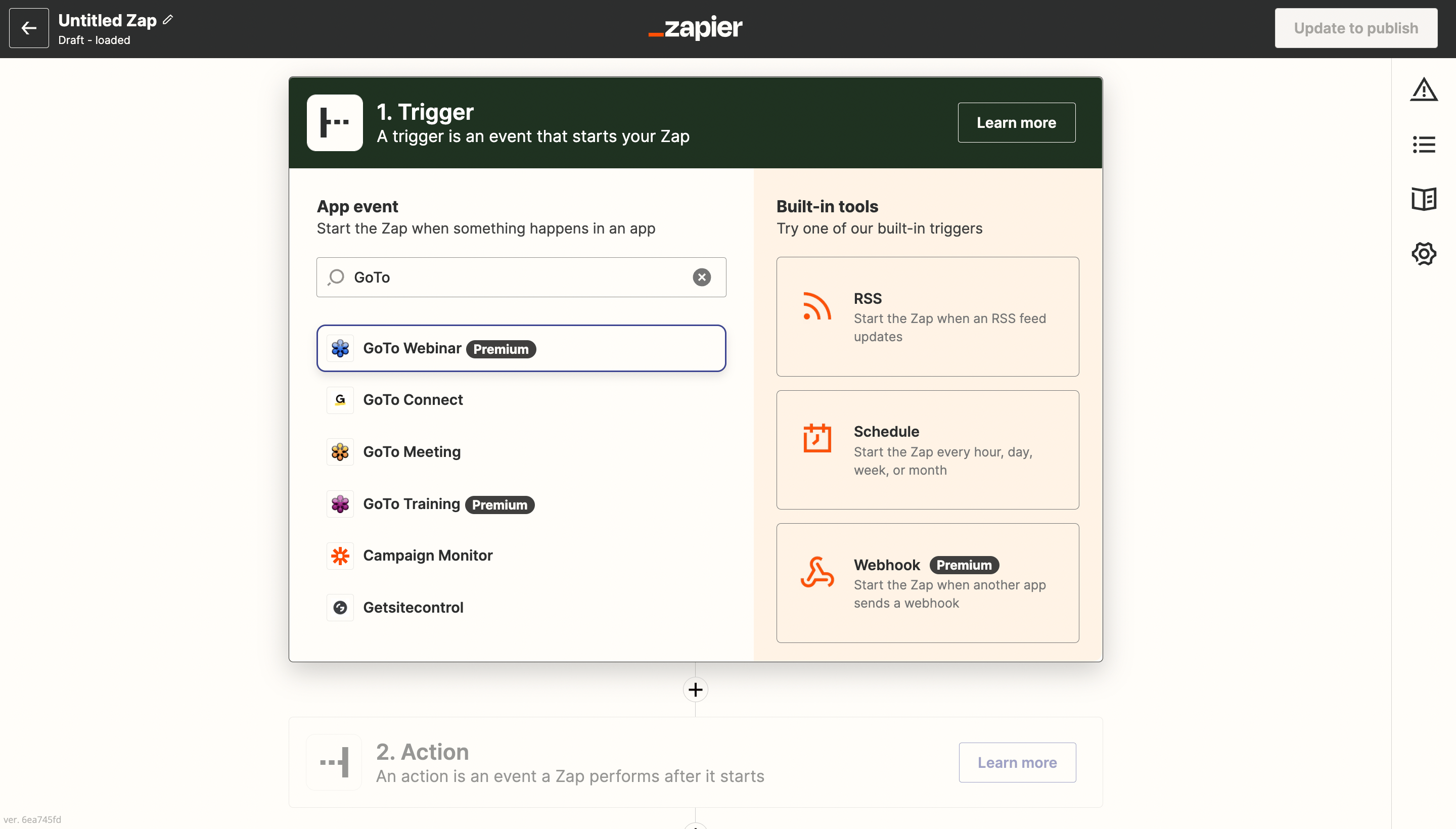 Selecting GoTo Webinar as the trigger app in Zapier