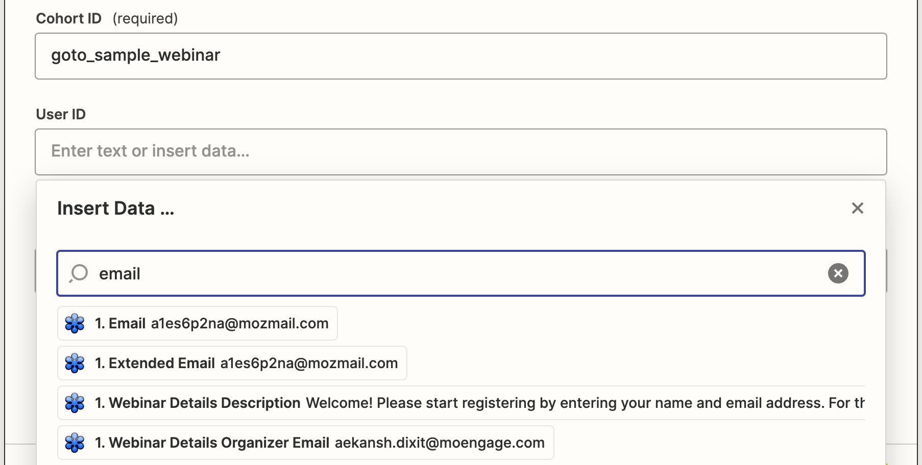Cohort action setup with Add/Remove choice and required fields