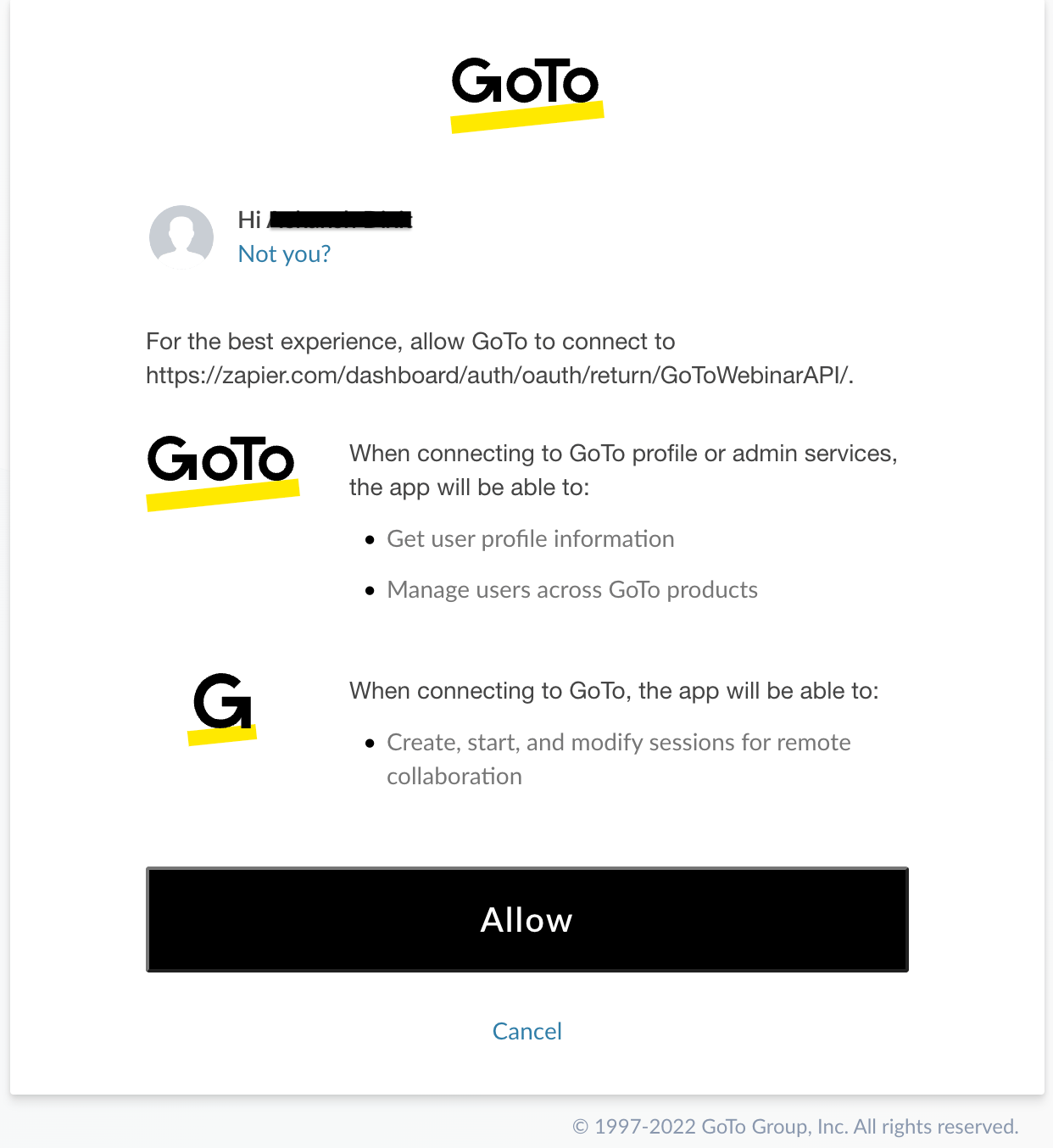 Connecting and authorising GoTo Webinar with Zapier