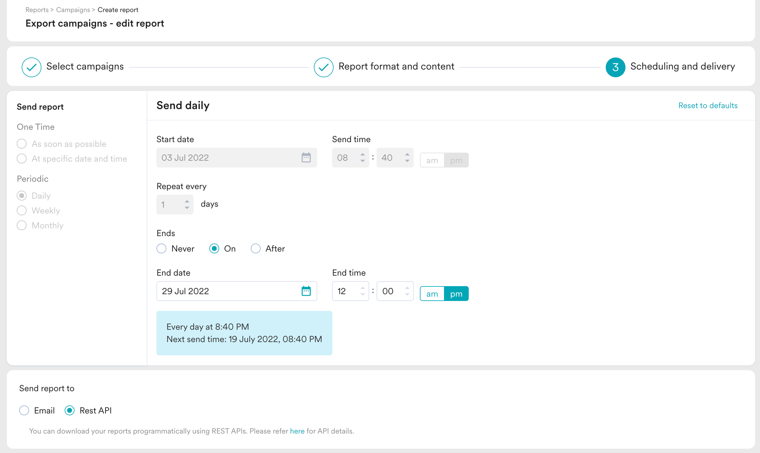 Campaign report configured in MoEngage Dashboard to trigger every day