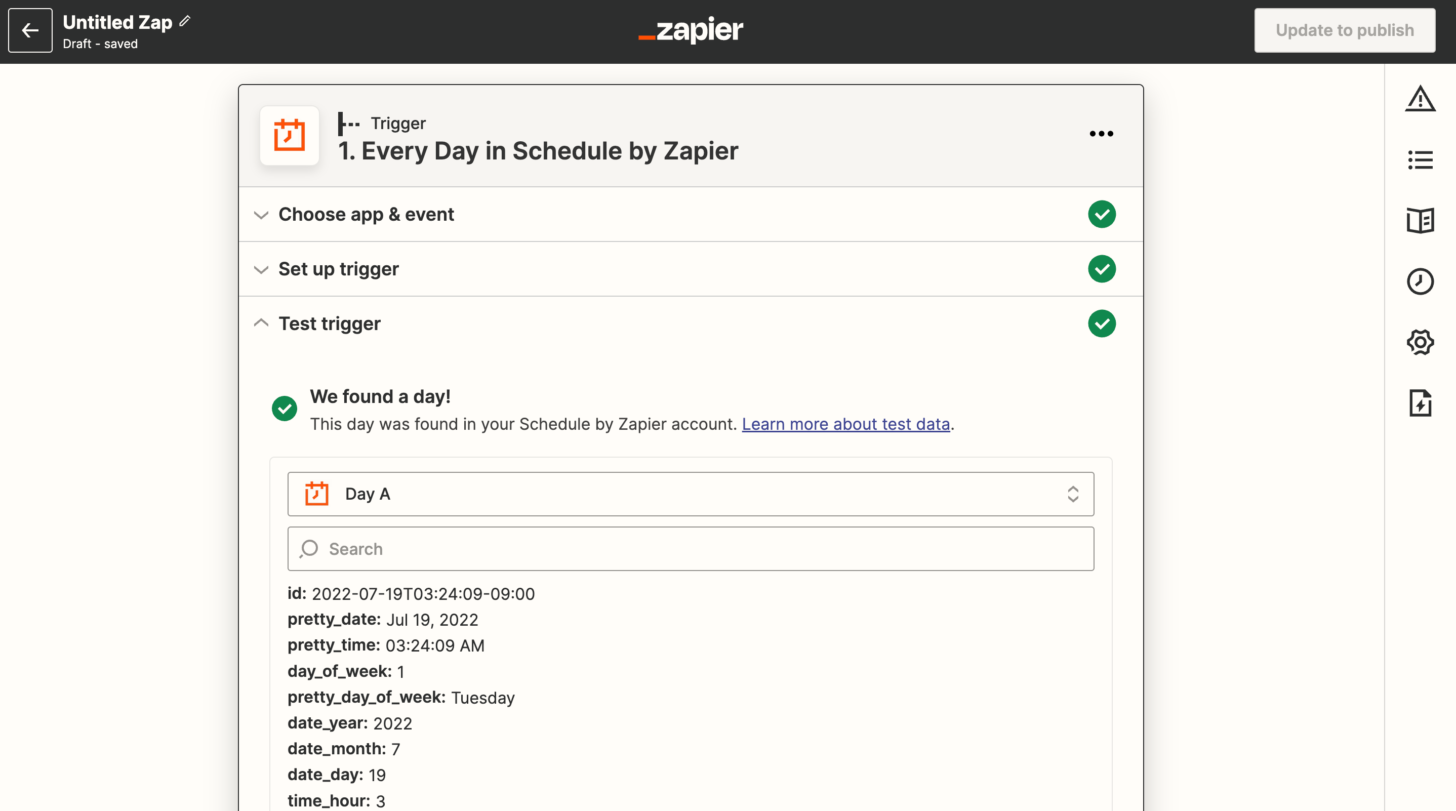 Schedule by Zapier trigger setup with Every Day event