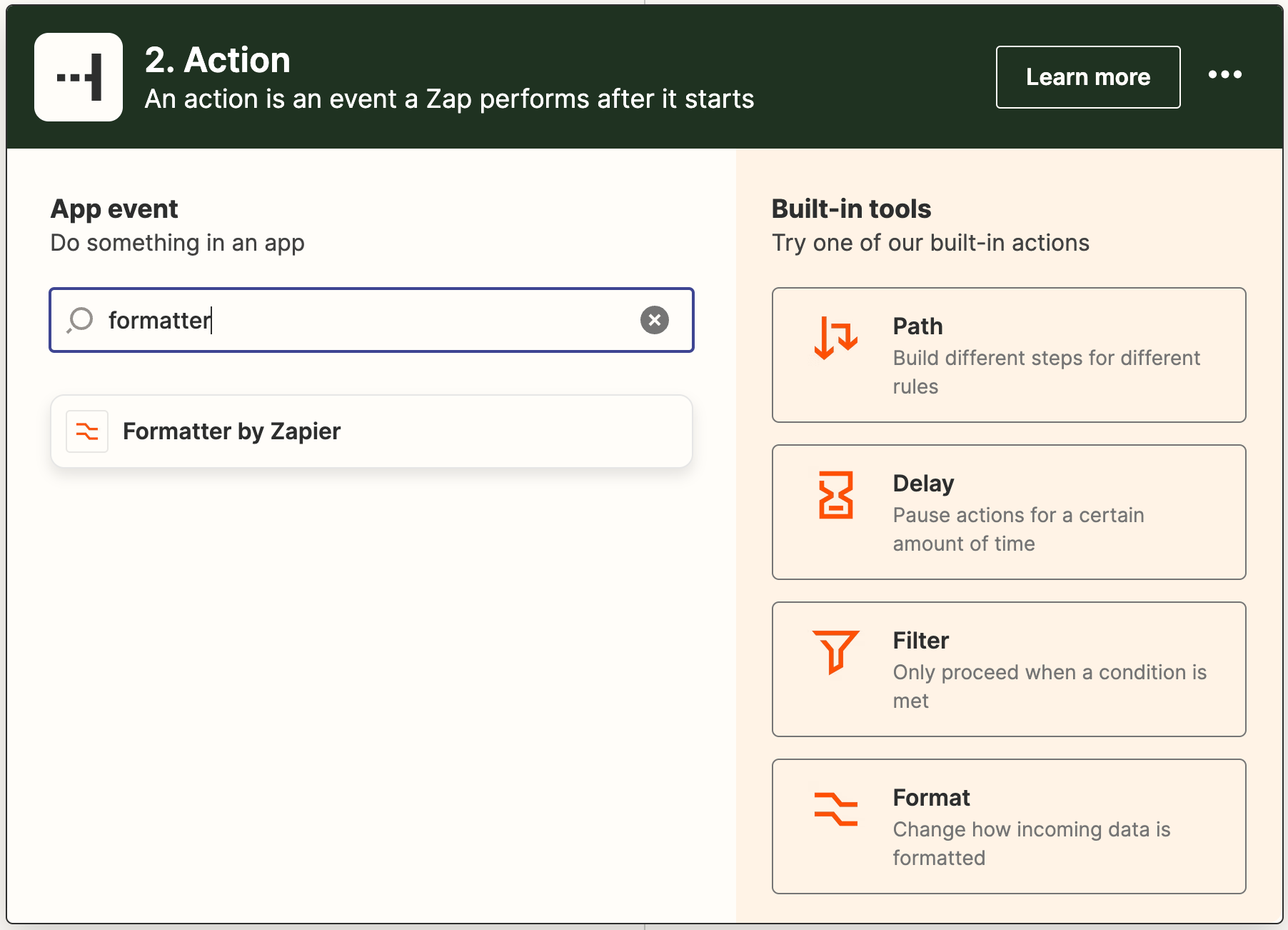 Adding Formatter by Zapier as the next action step