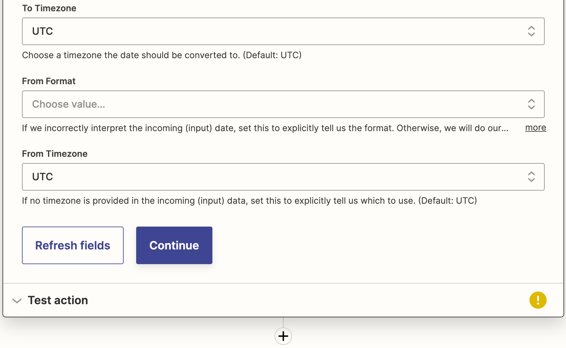 Formatter by Zapier action setup with input mapped from Schedule trigger