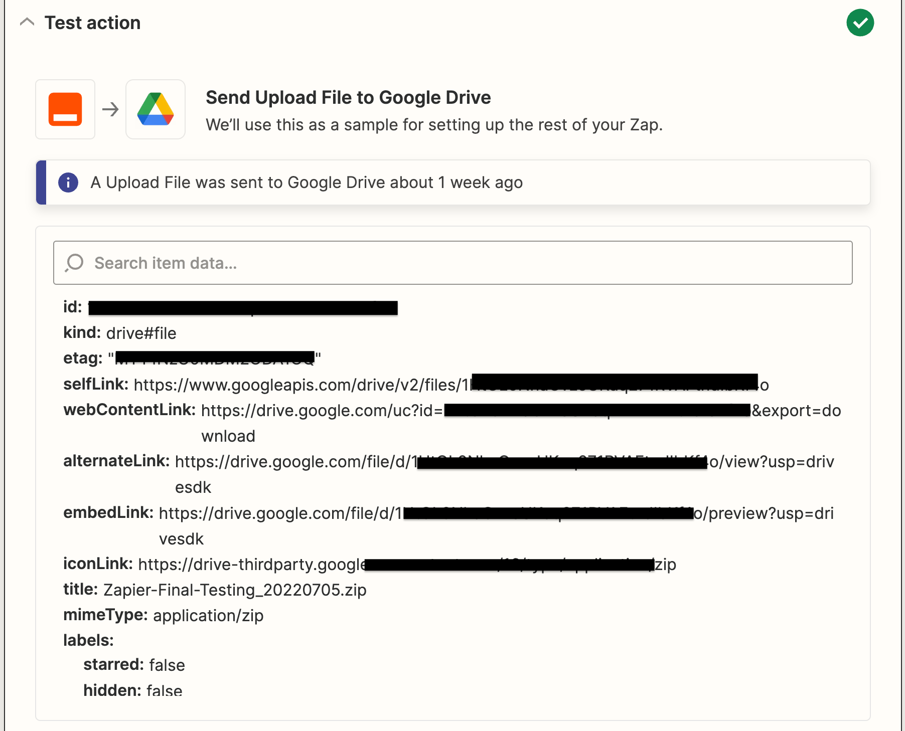Successful Google Drive upload test result