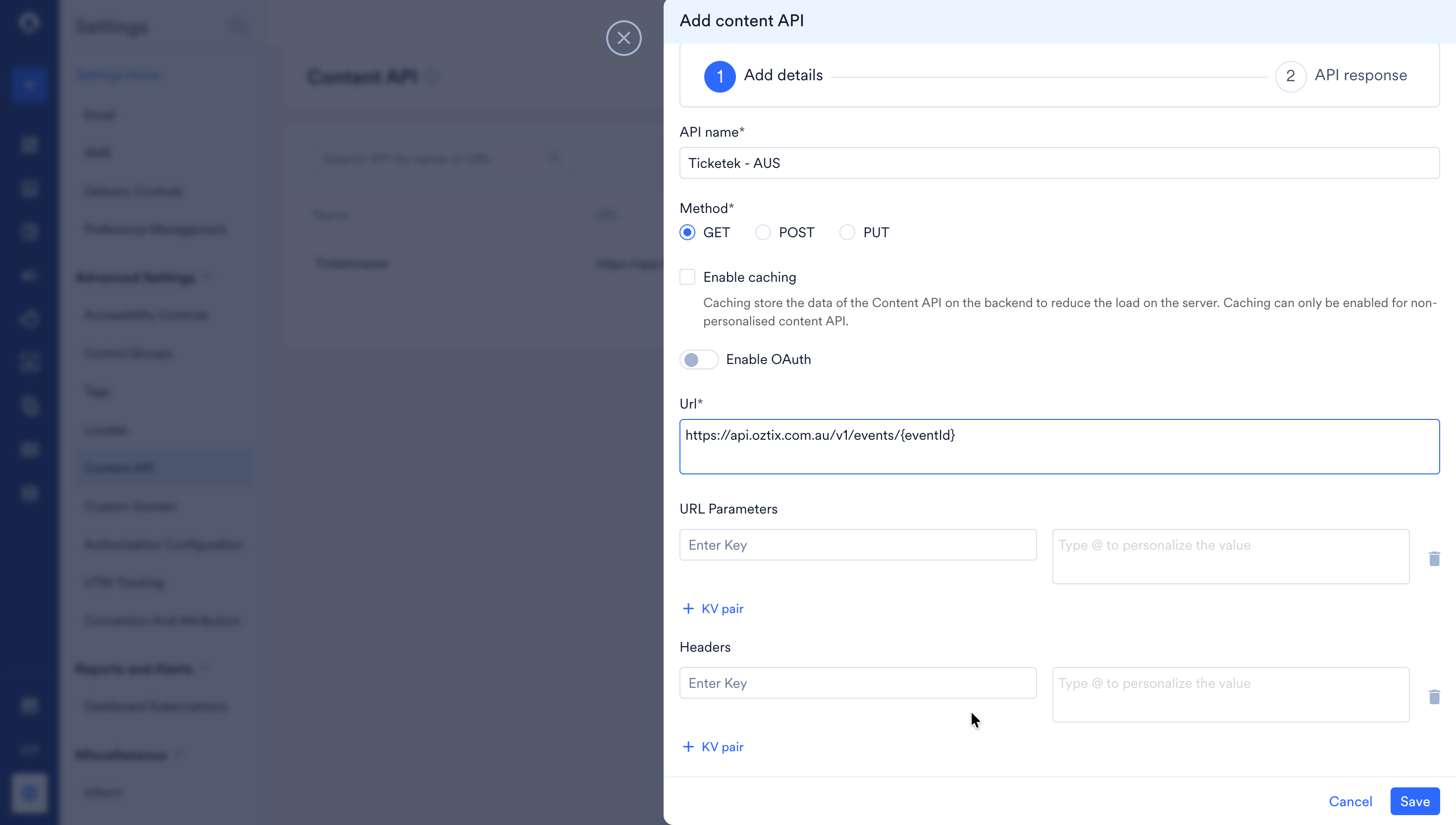 Oztix Content API configuration in the MoEngage dashboard