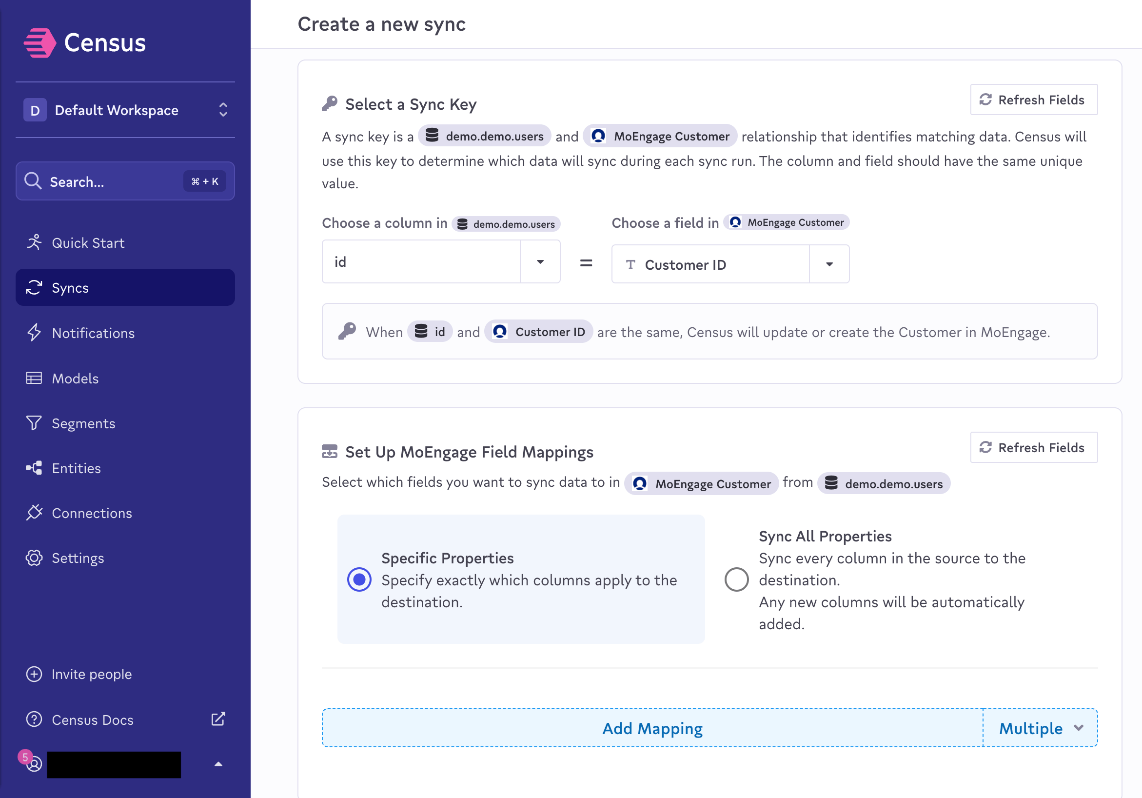 MoEngage field mappings for Customer sync in Census