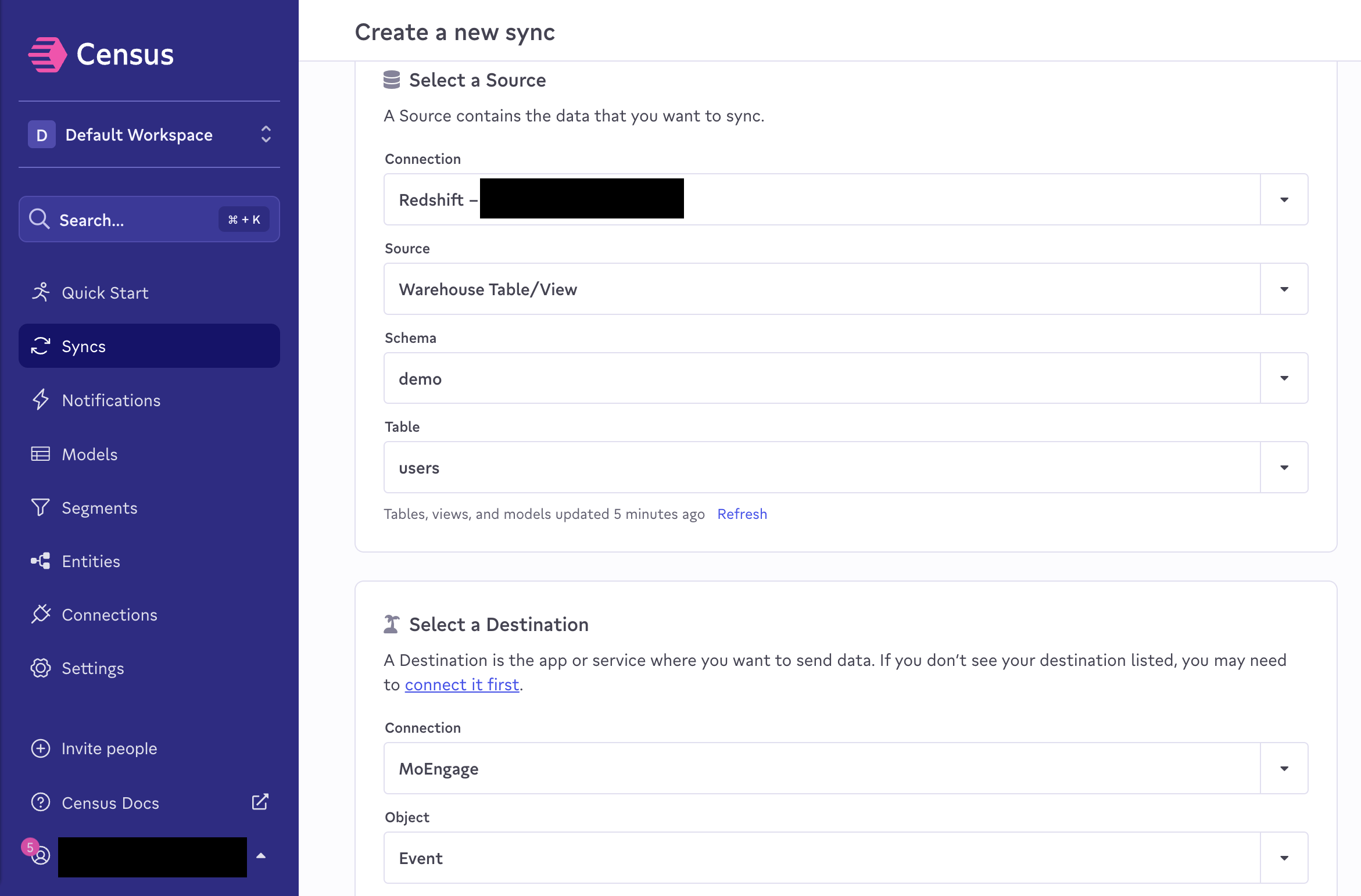 Configuring Event object sync from Census to MoEngage