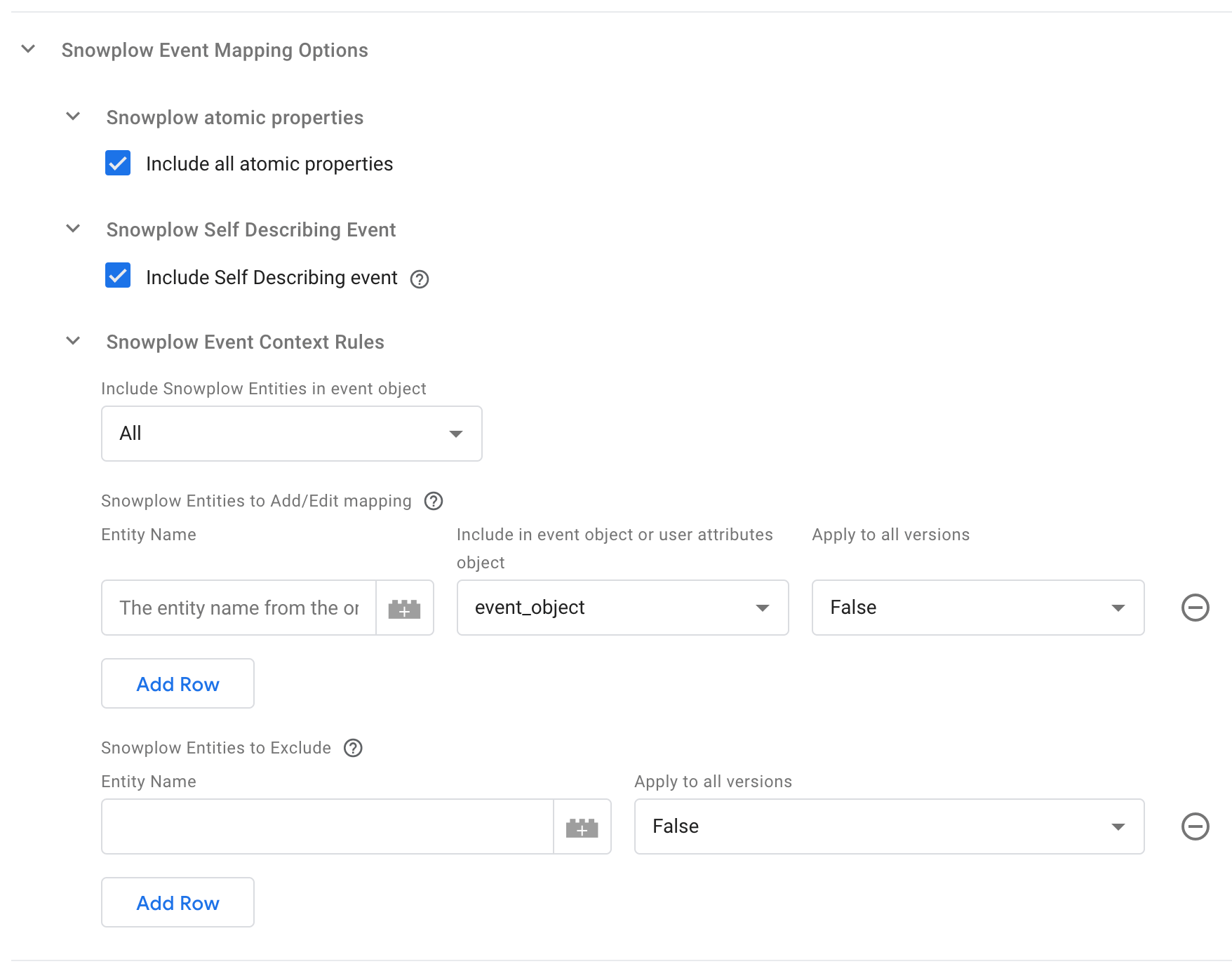Snowplow Event Mapping Options section in the MoEngage Tag