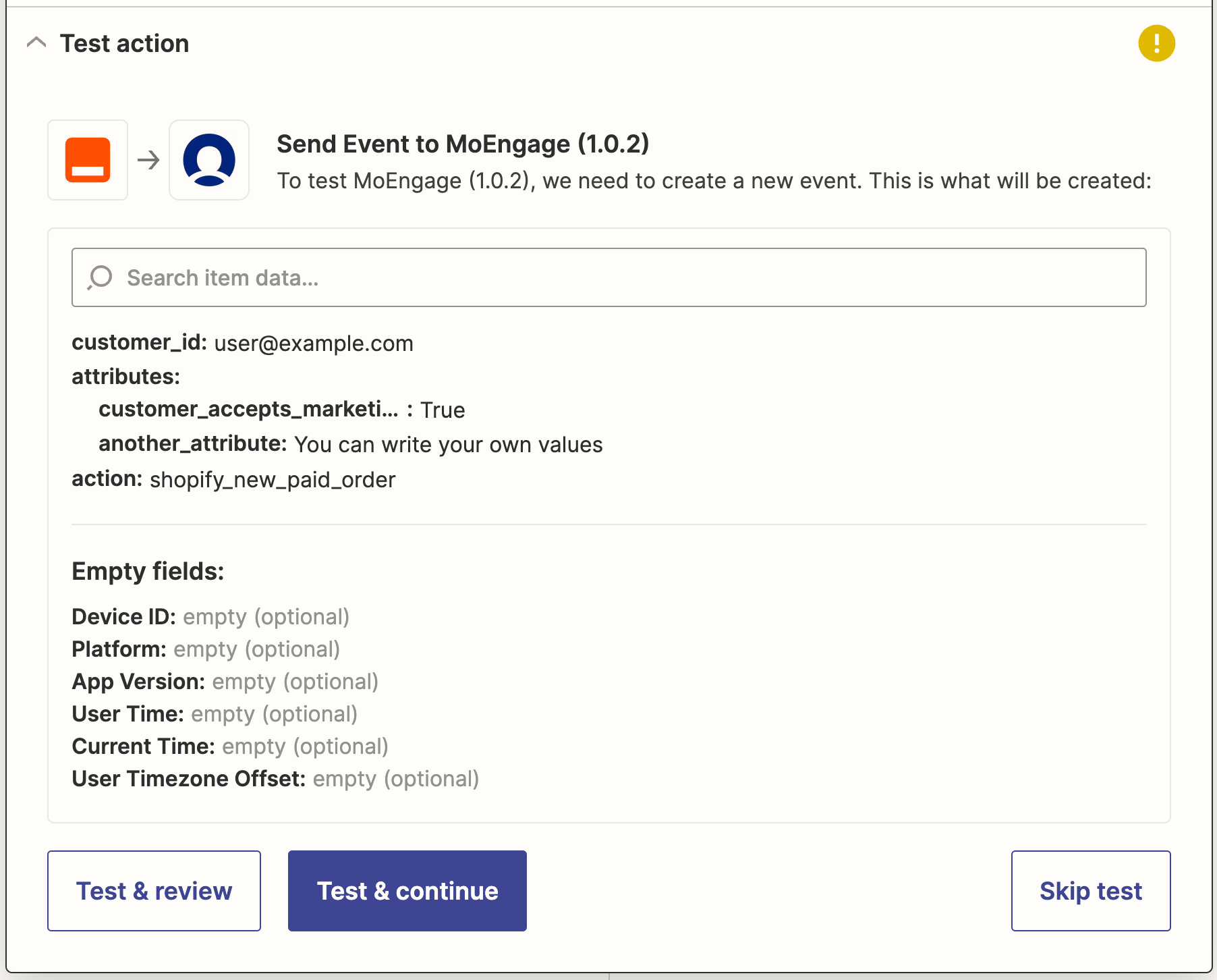 Test setup screen for Import User Event action