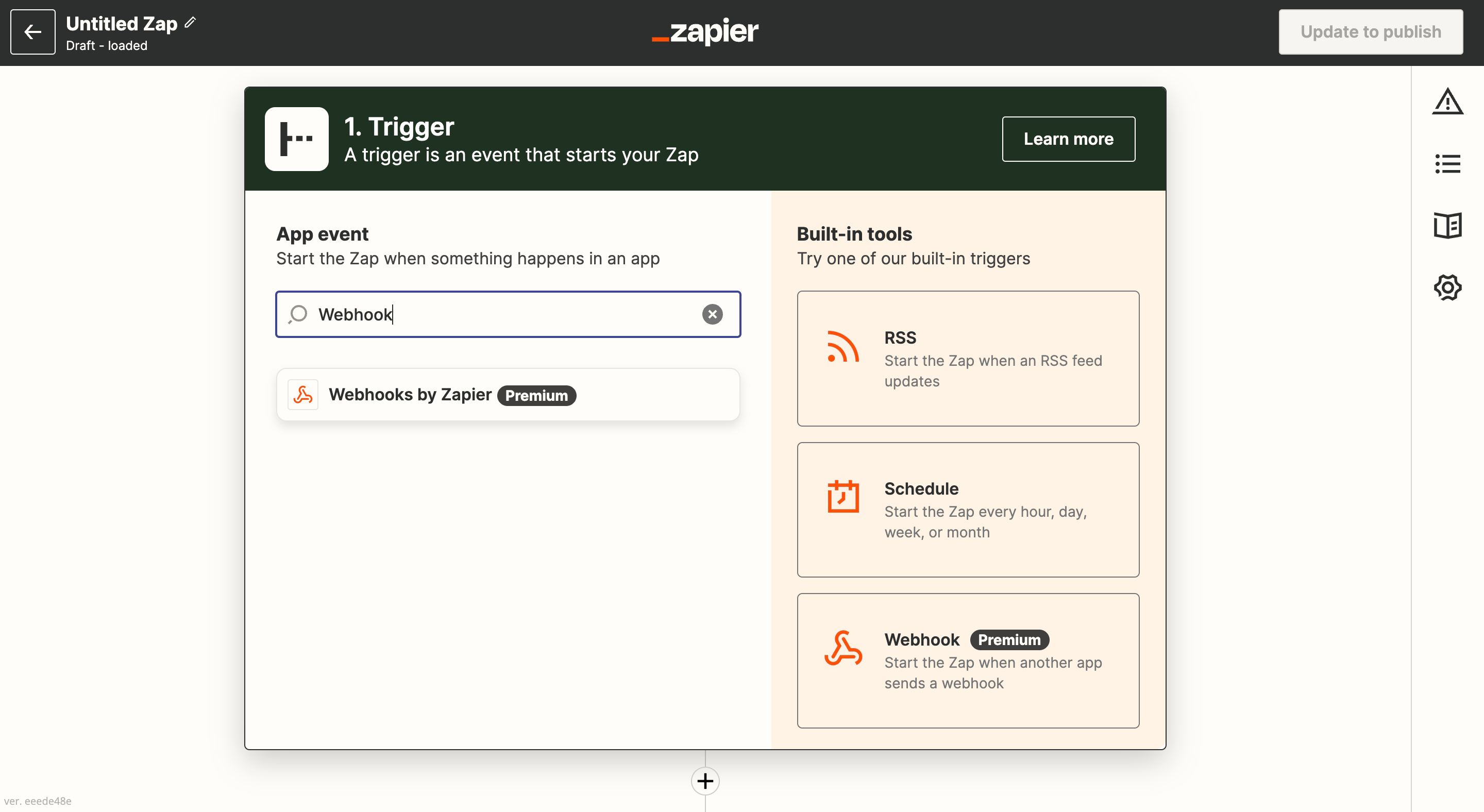 Selecting Webhook by Zapier as the trigger app