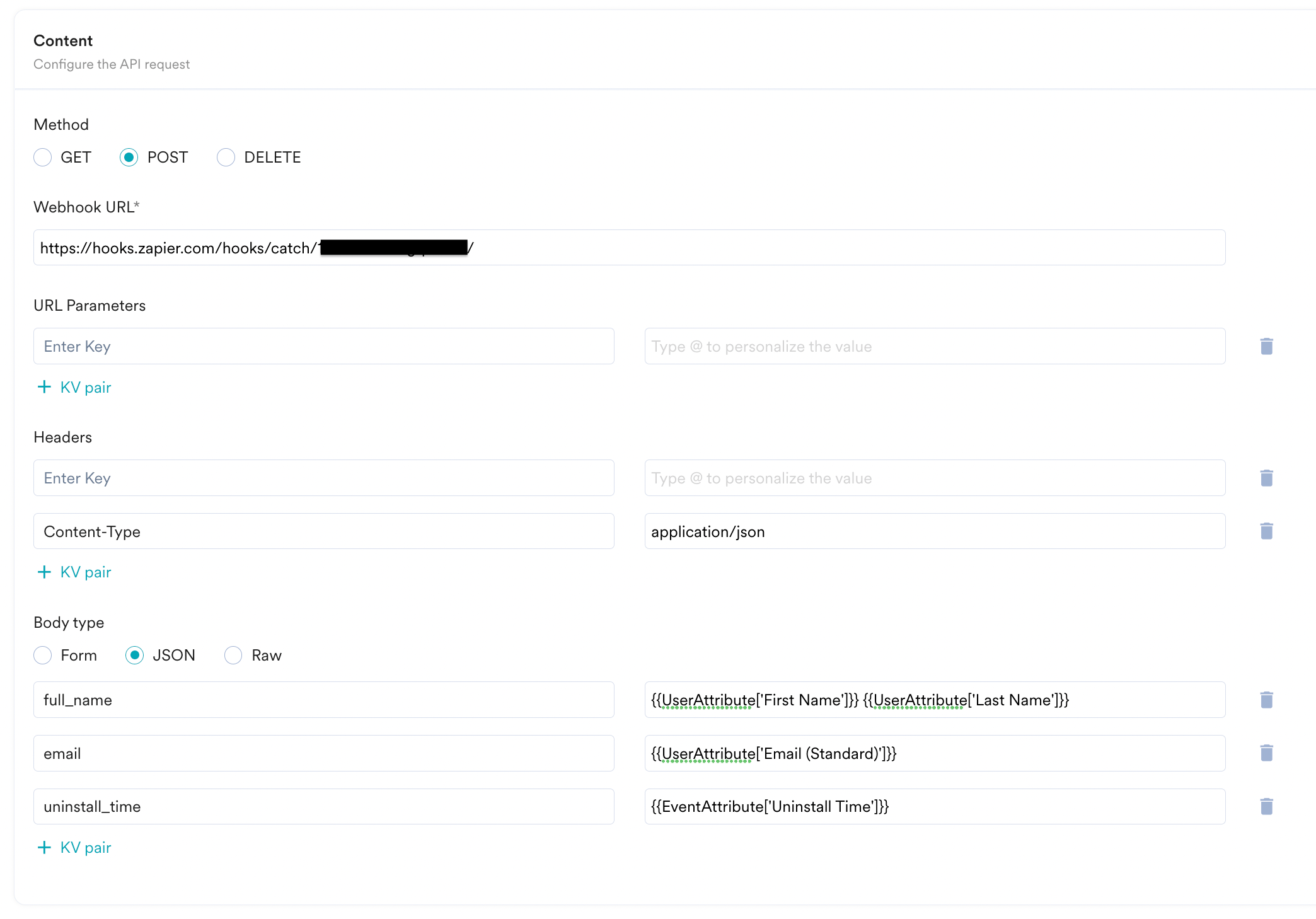 Connector campaign content step showing method, webhook URL, and payload