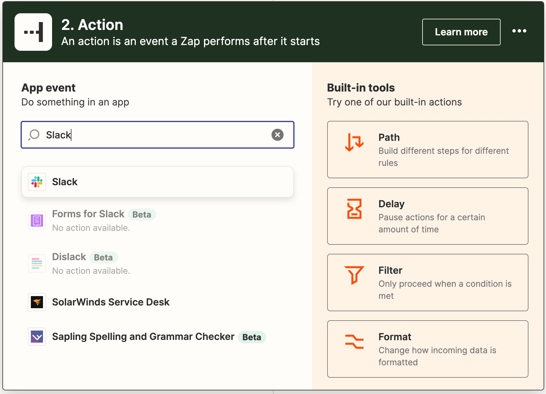 Adding Slack as the action app in Zapier