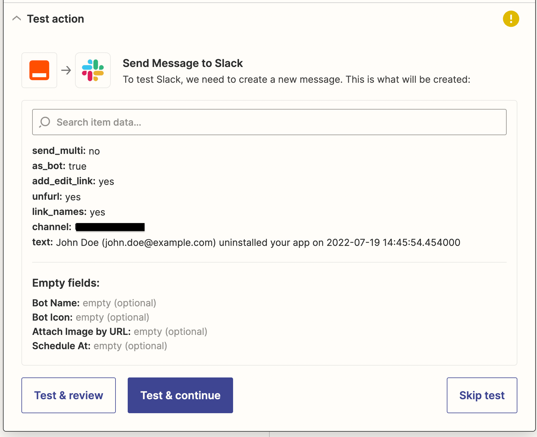 Option to test Slack action setup