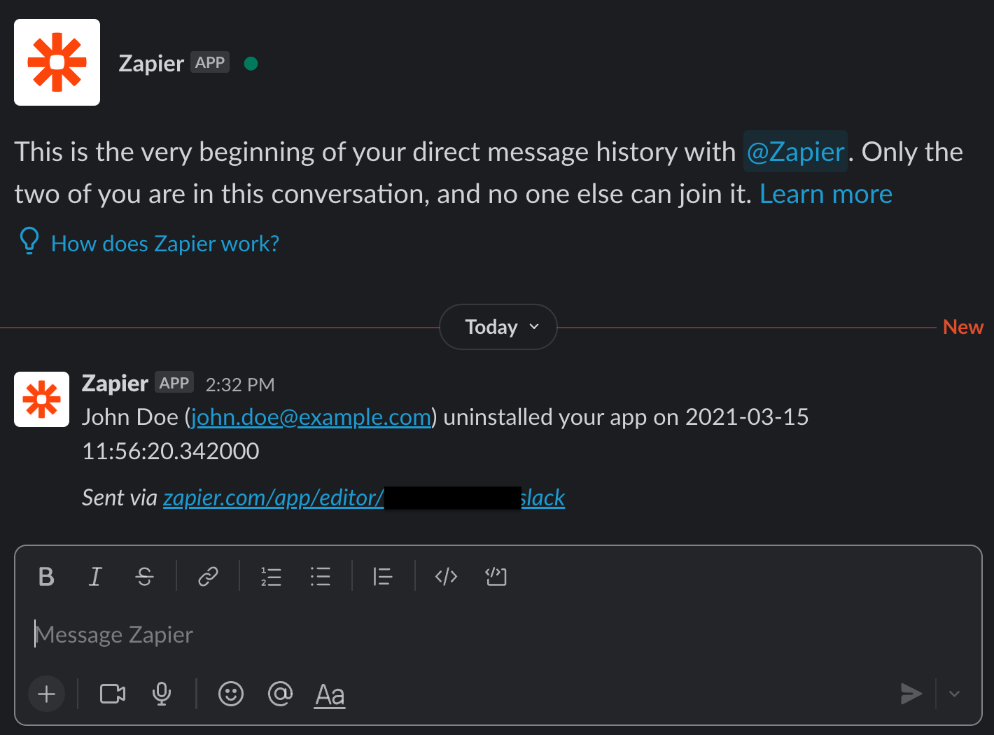 New Slack message verified in the Slack workspace