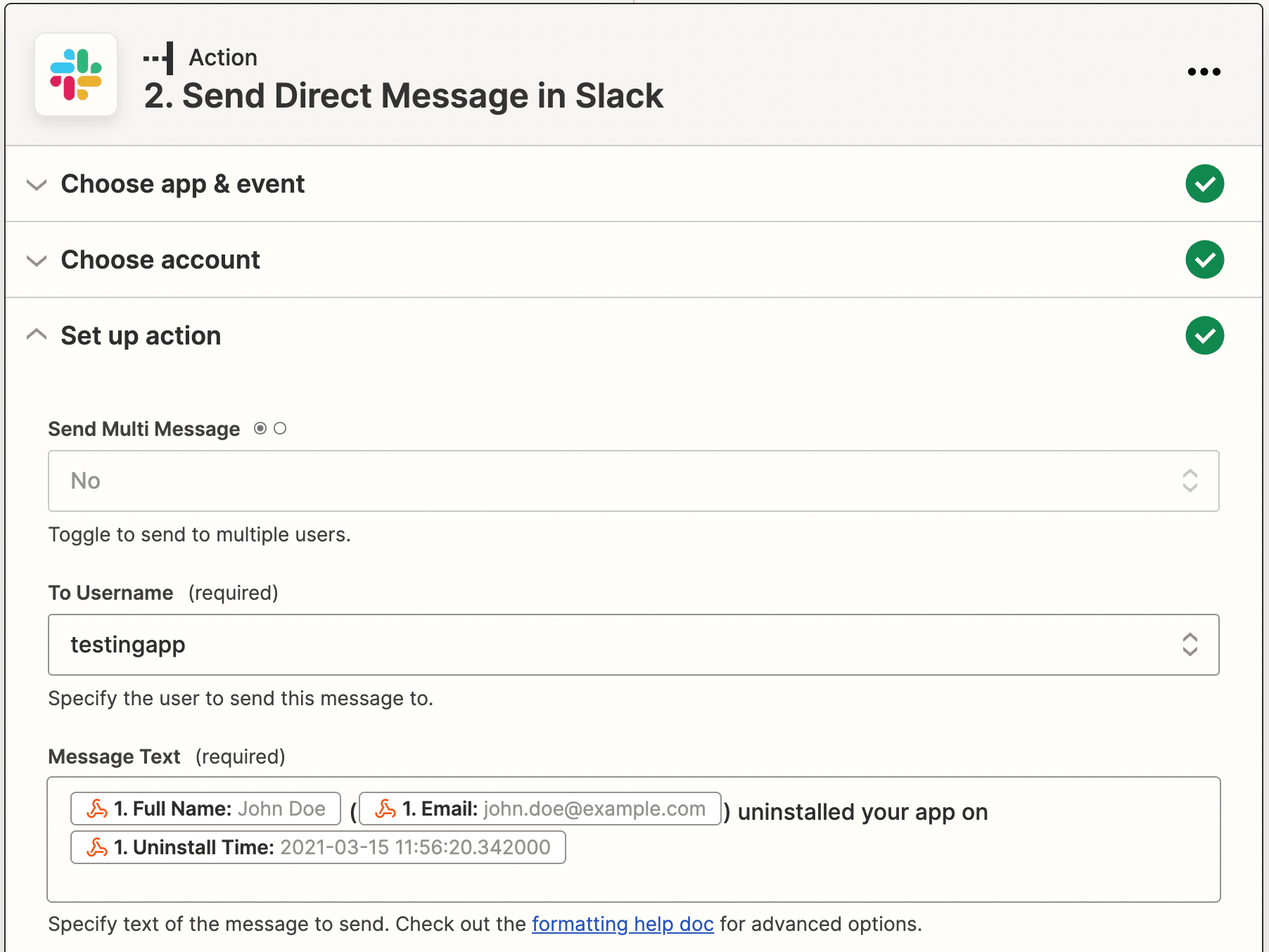 Slack action setup form filled with username and message text