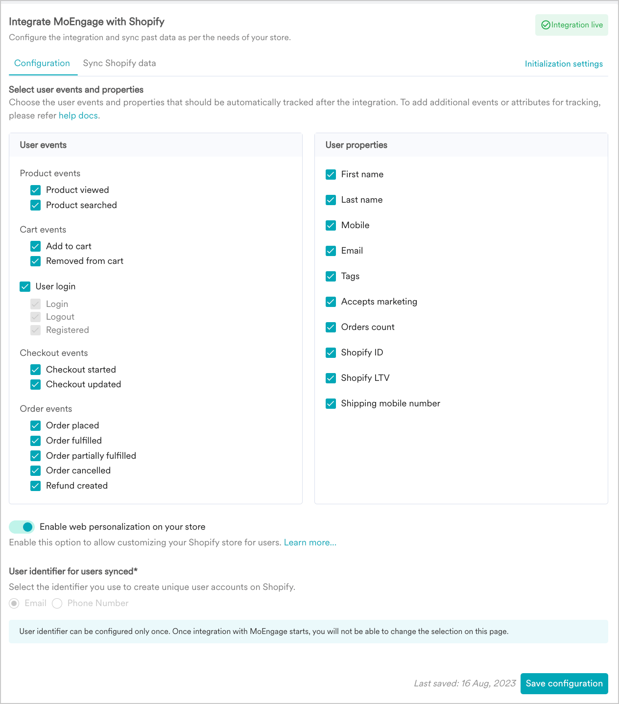 Configuration screen in the MoEngage Shopify app