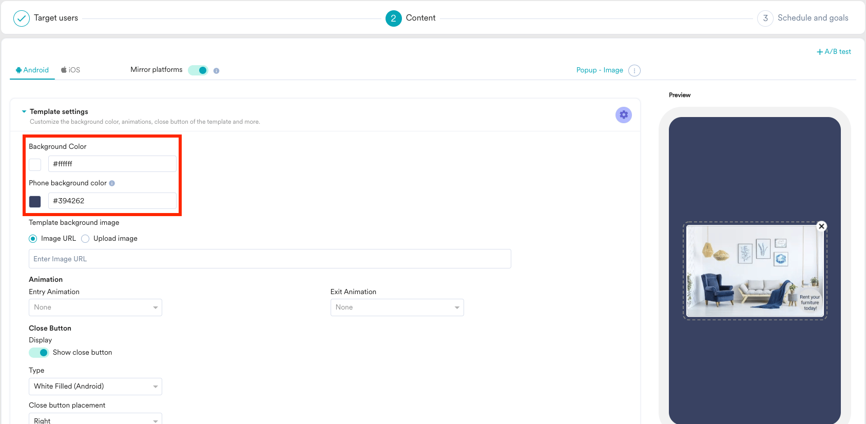 Screenshot showing options to set background color for a template.