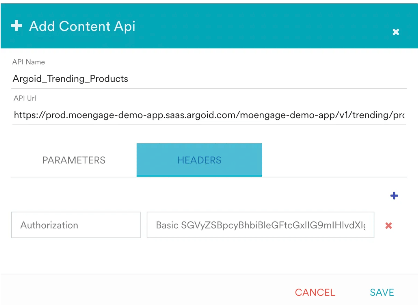 Headers section of the Content API configuration with the Authorization header set