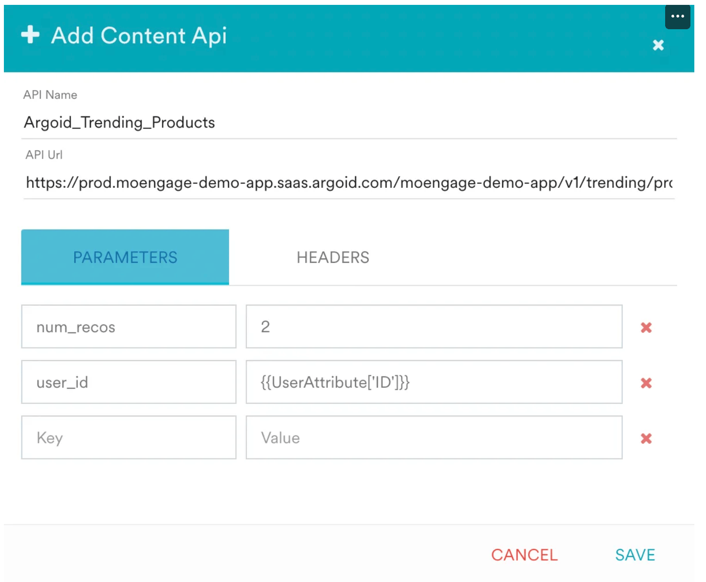 Parameters section of the Content API configuration with num_recos, user_id, and country mapped