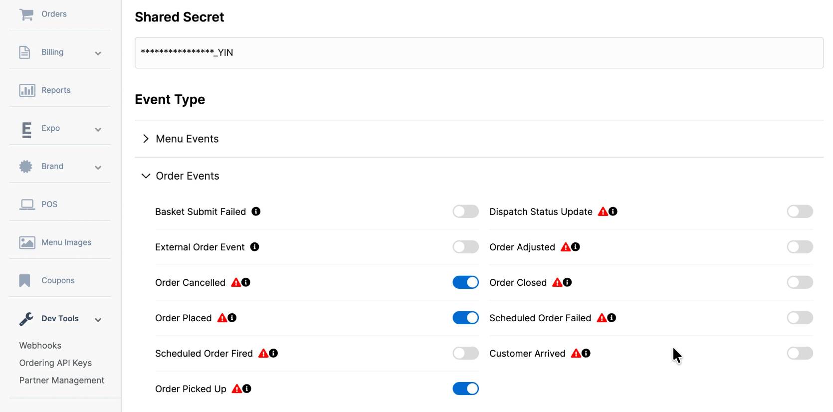 Olo Dashboard showing Order Events and User Events sections for webhook configuration