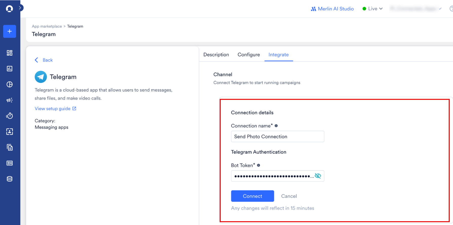 Telegram connection Connect button