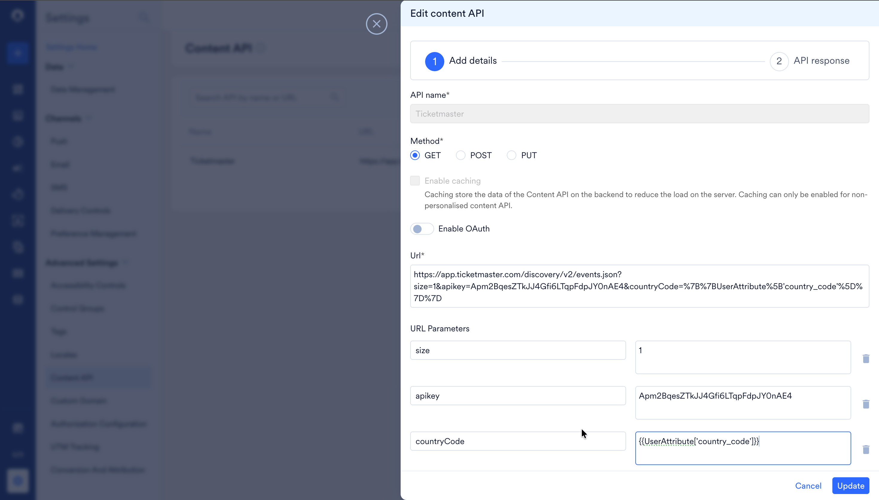 Ticketmaster Content API configuration in the MoEngage dashboard