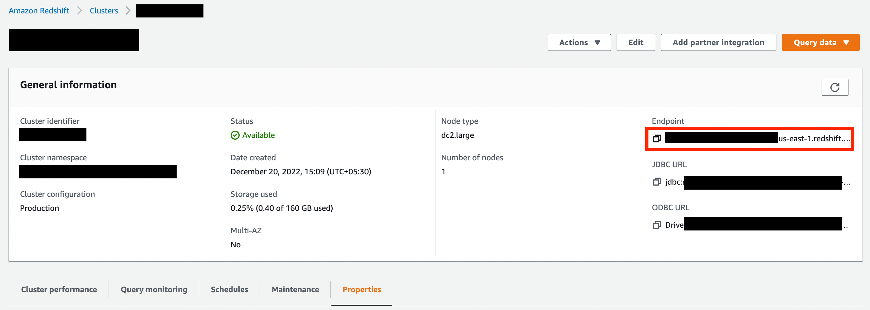 Redshift endpoint location