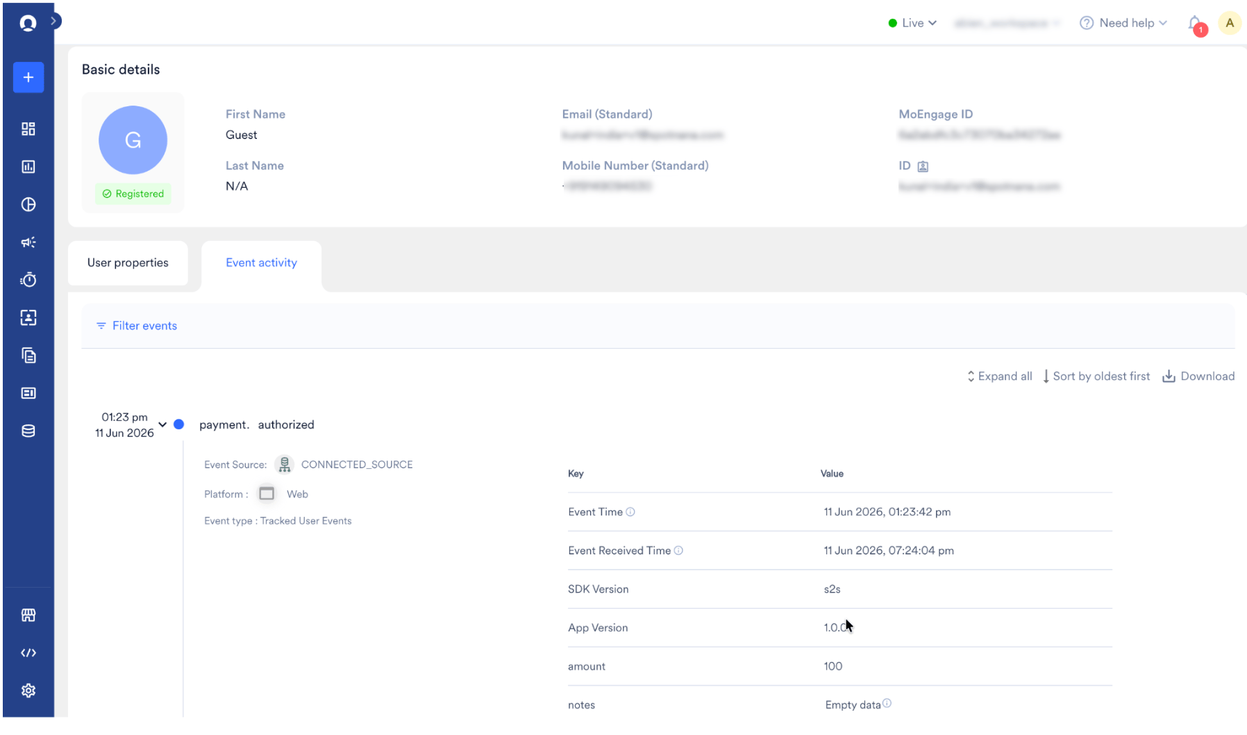 MoEngage user profile Event activity tab showing the payment.authorized event with its attributes