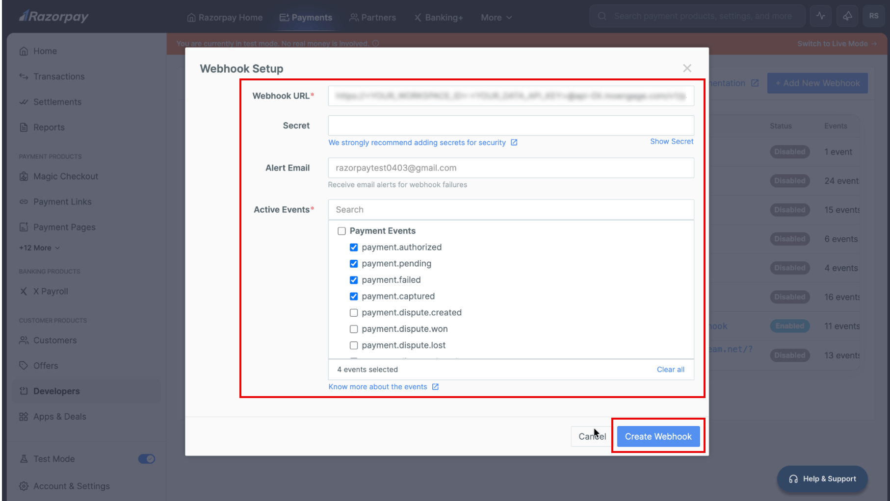 Razorpay Webhook Setup dialog showing the webhook URL, secret, alert email, and selected payment events