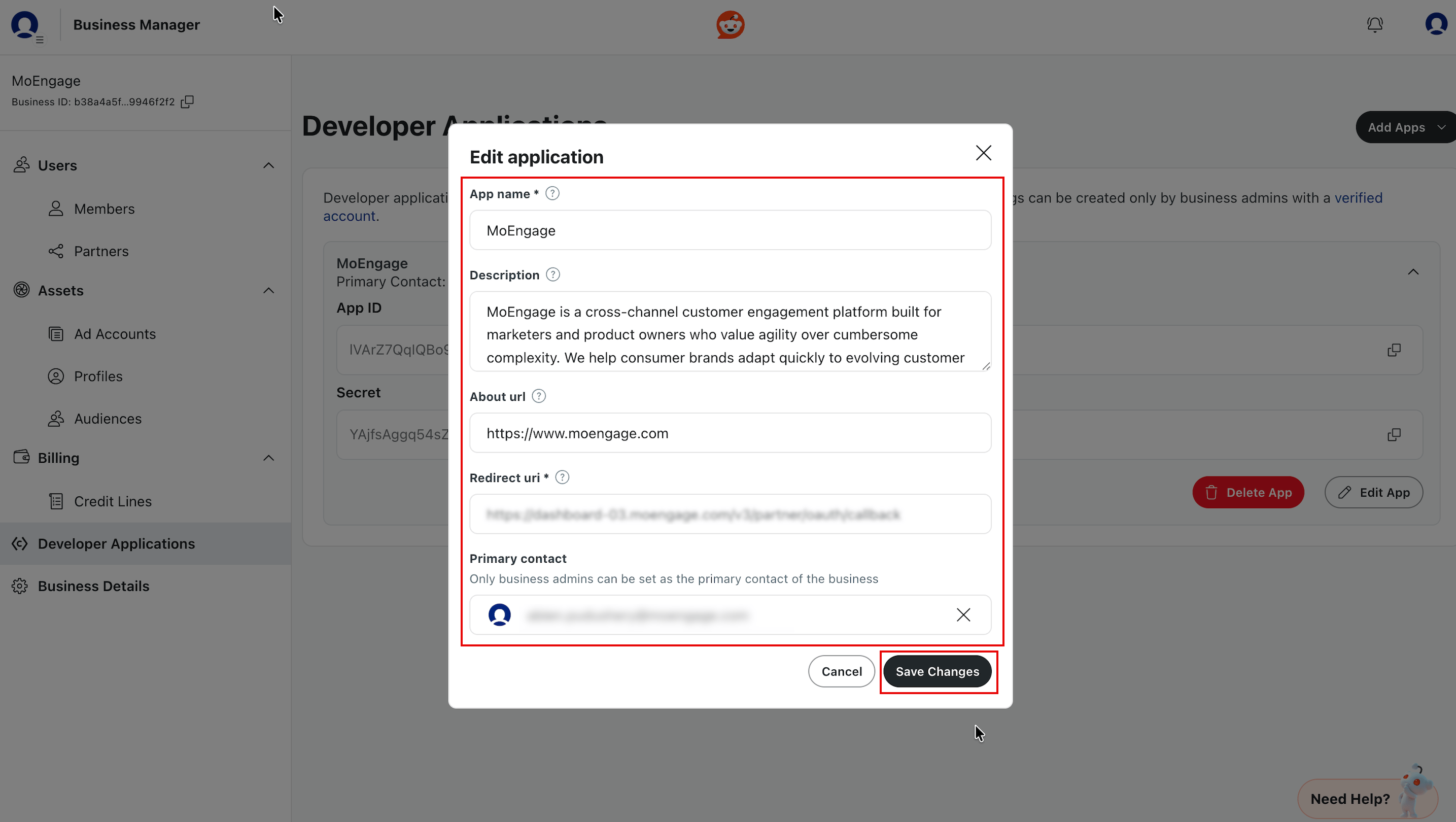 Reddit developer application Save Changes