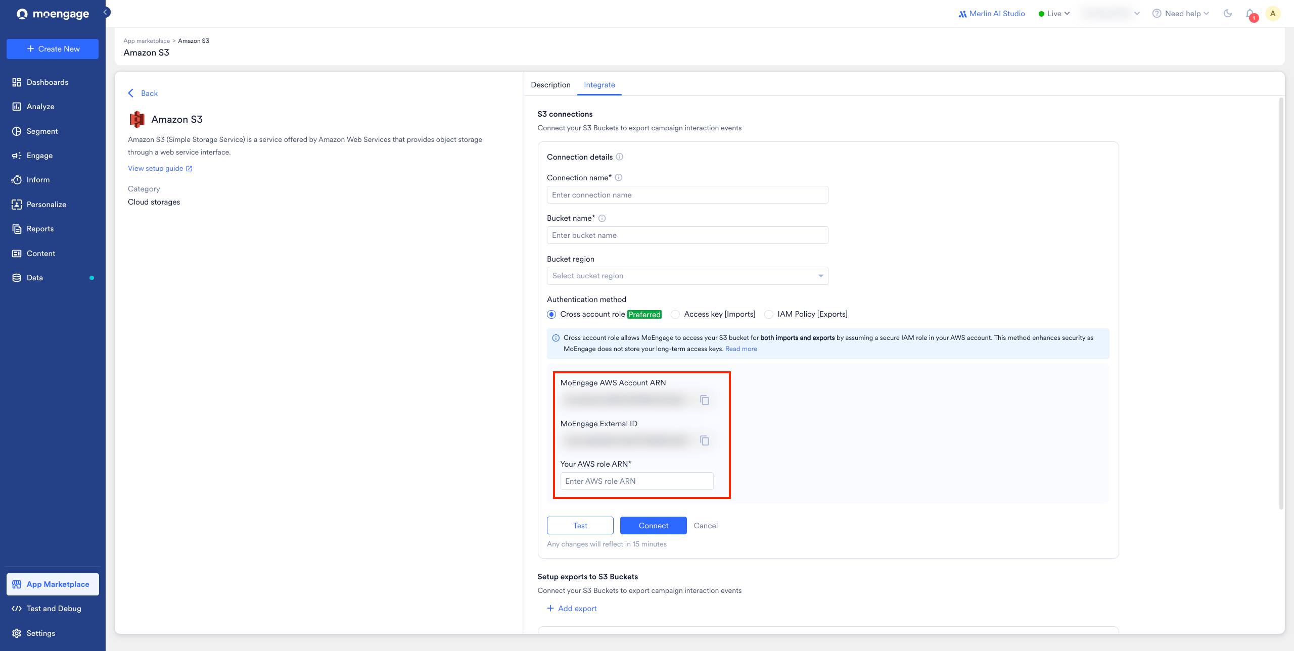 Add Connection form highlighting the MoEngage AWS Account ARN and MoEngage External ID fields