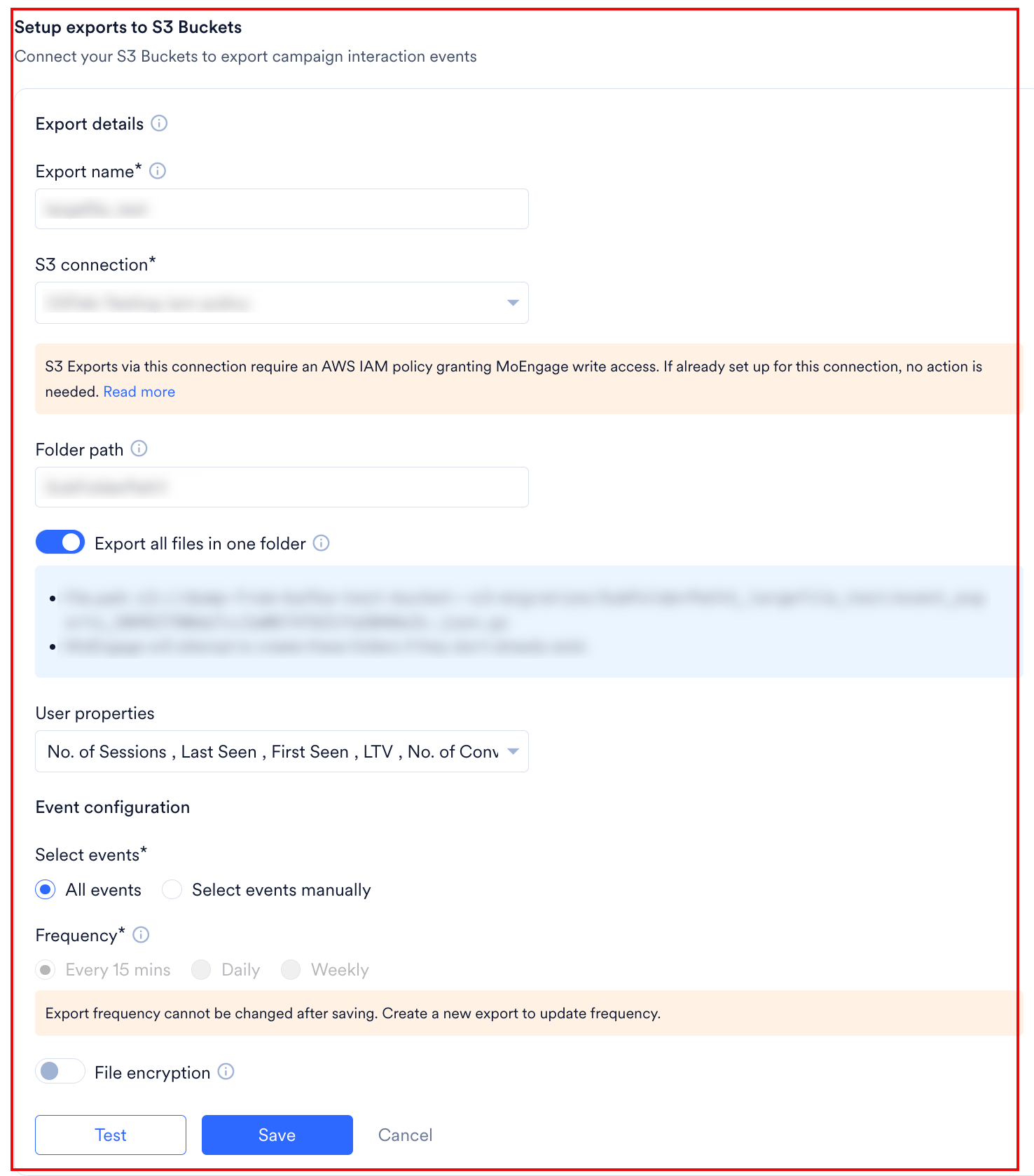 Export details panel with Test, Save, and Cancel options
