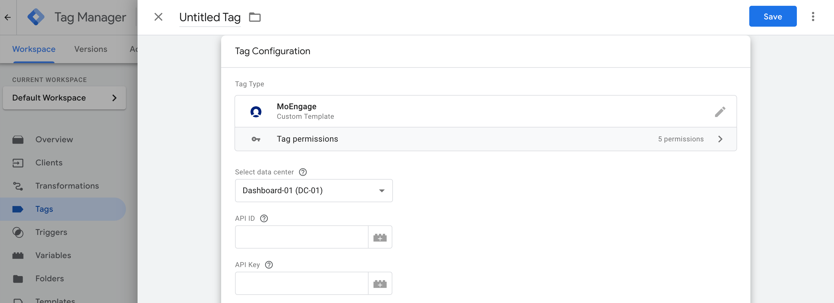 MoEngage Tag configuration screen in GTM