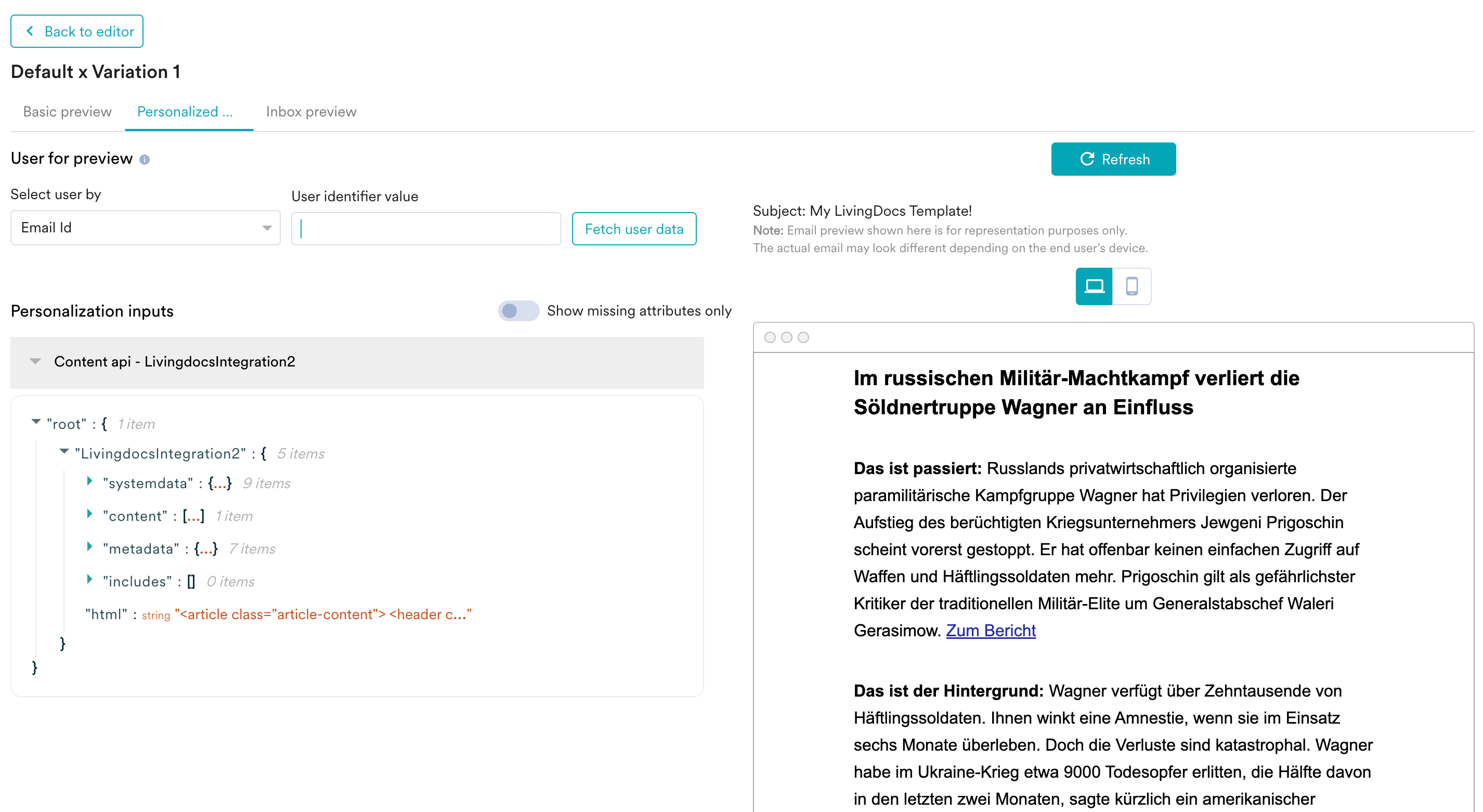 Personalized preview showing the Livingdocs template rendered in the campaign