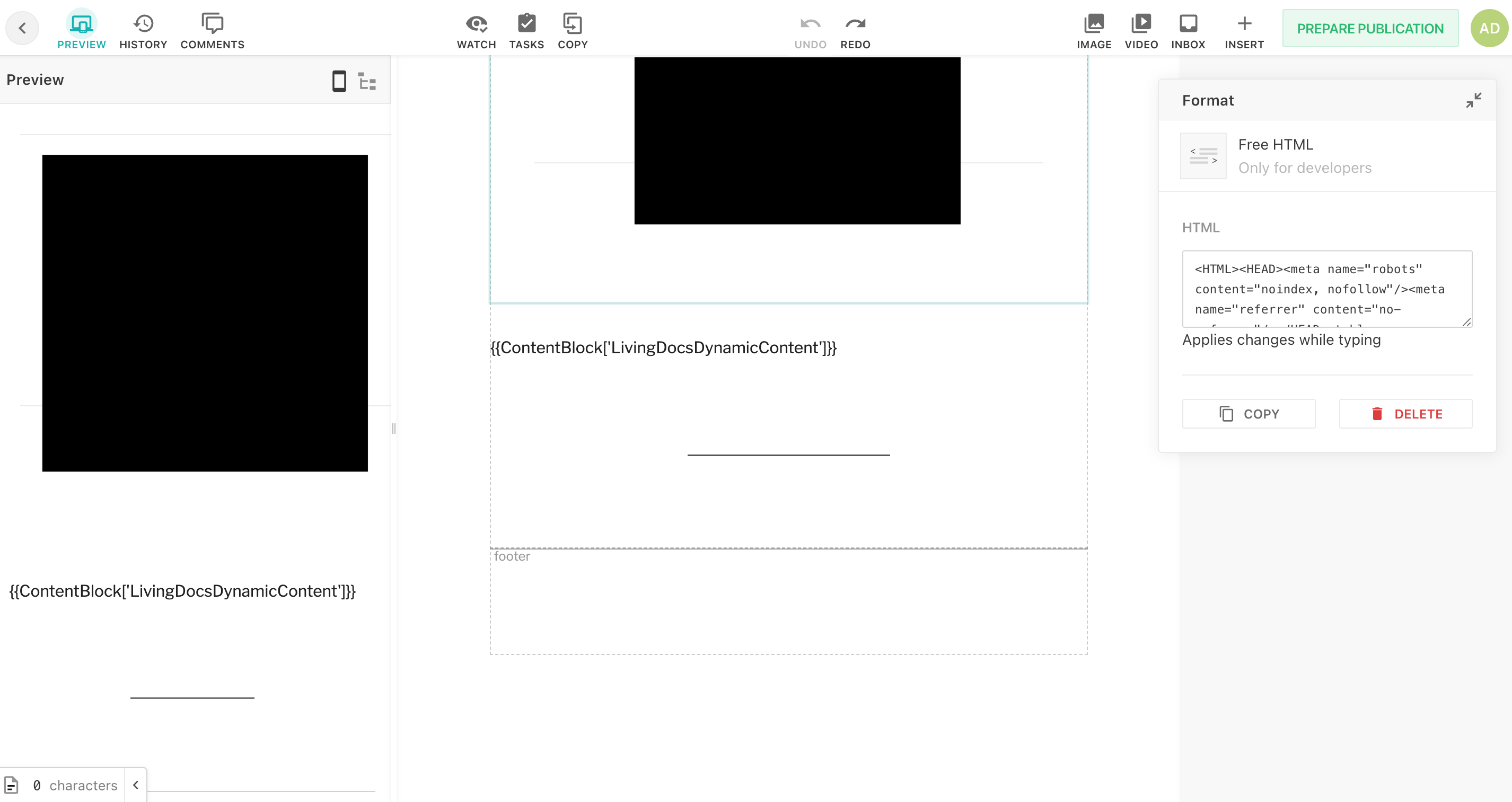Livingdocs template editor with a MoEngage content block code pasted in