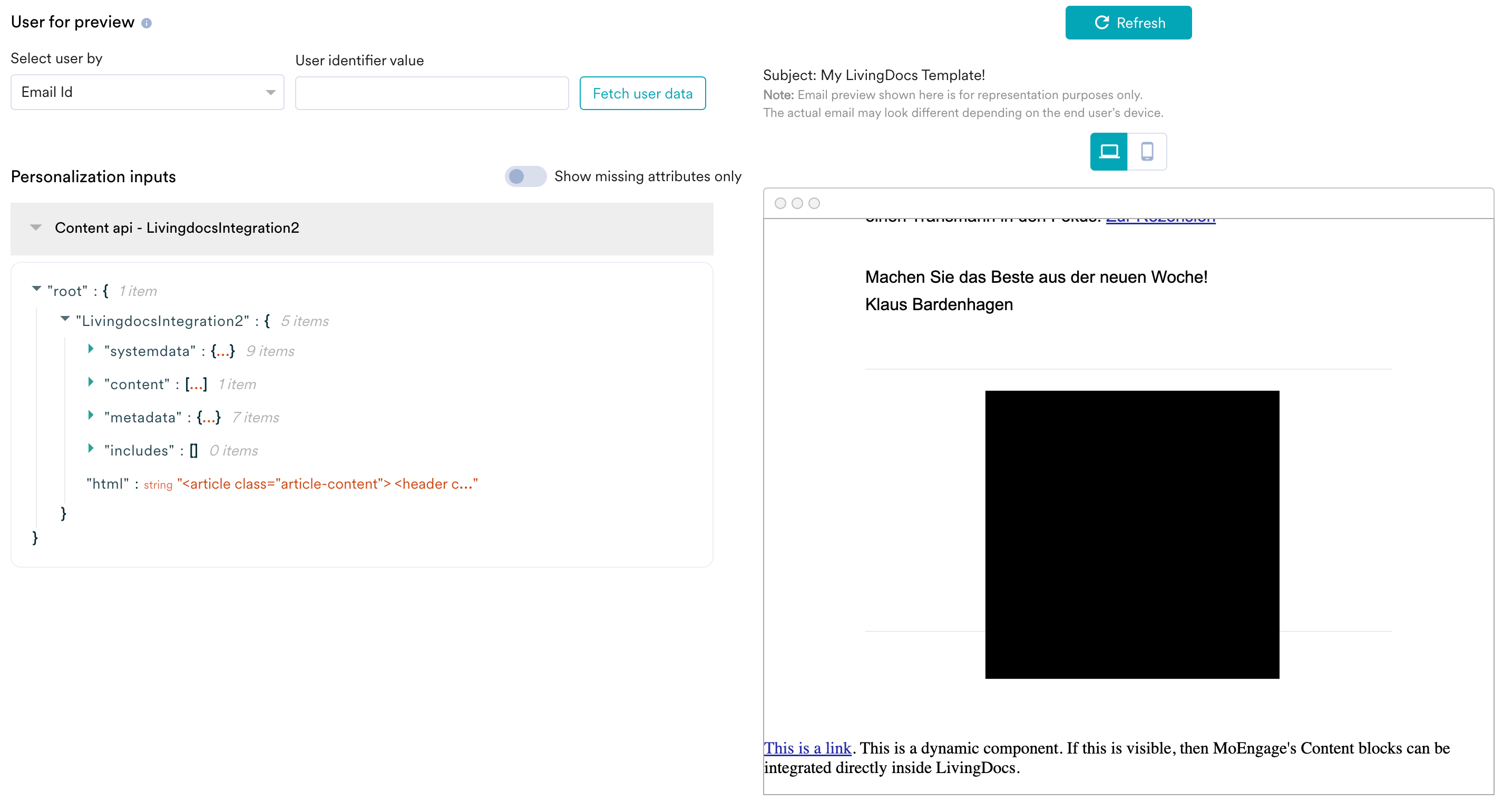 Livingdocs preview showing the MoEngage content block rendered in the template