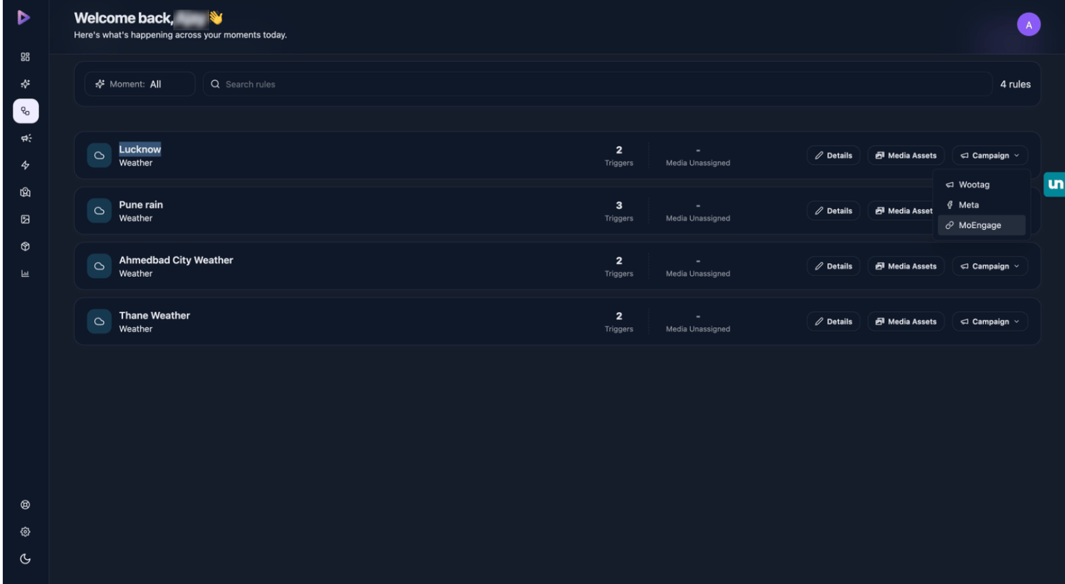Wootag rule list with the Campaign dropdown open and MoEngage selected